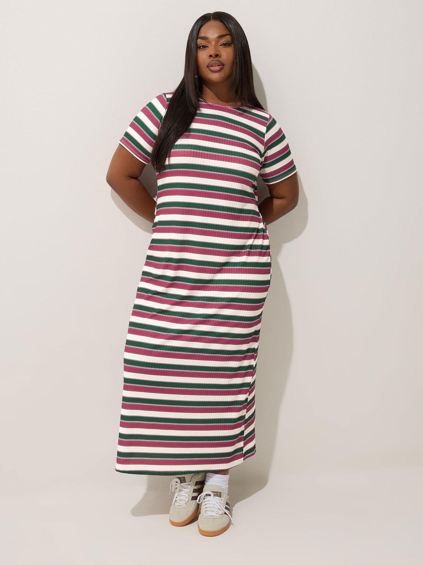 Image 3 of 4 of Yours Curve Short Sleeve Rib Stripe Dress - Red