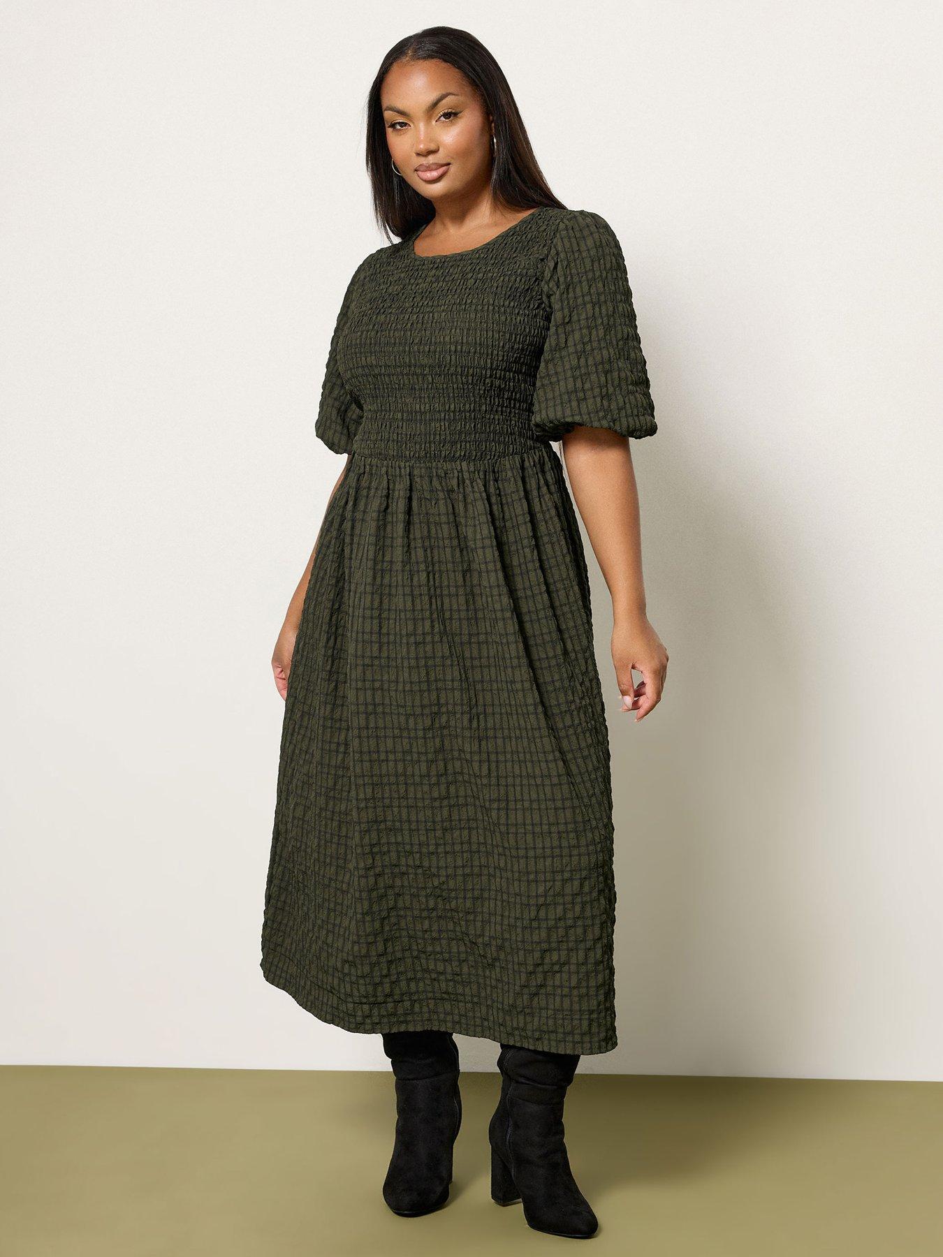 undefined Curve Textured Shirred Check Dress