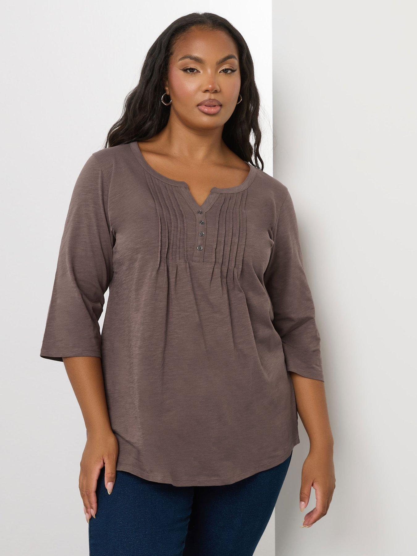 yours-curve-pintuck-henley-top-brown