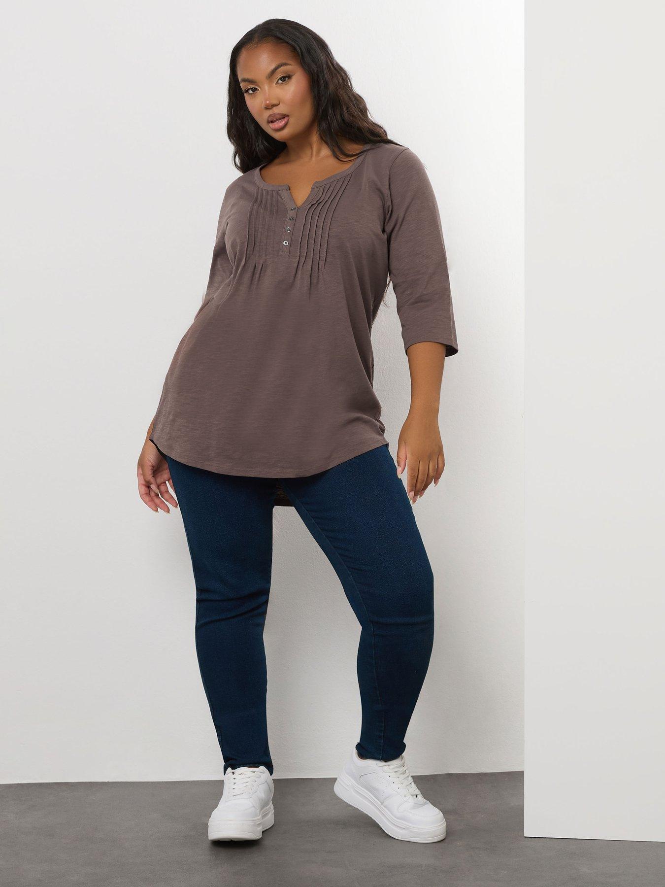 Image 3 of 4 of Yours Curve Pintuck Henley Top - Brown