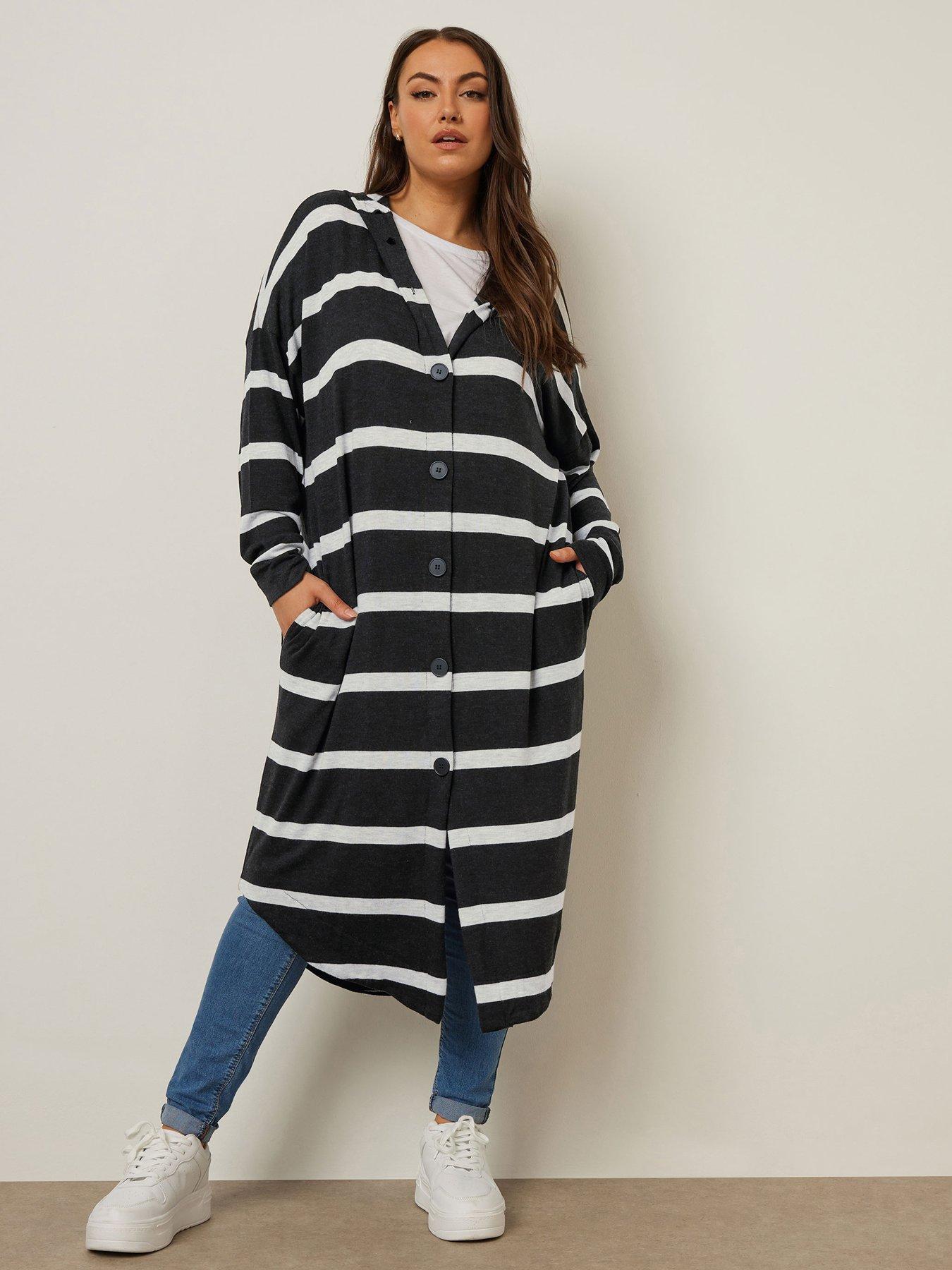 undefined Curve Longline Hooded Stripe Cardigan - Black