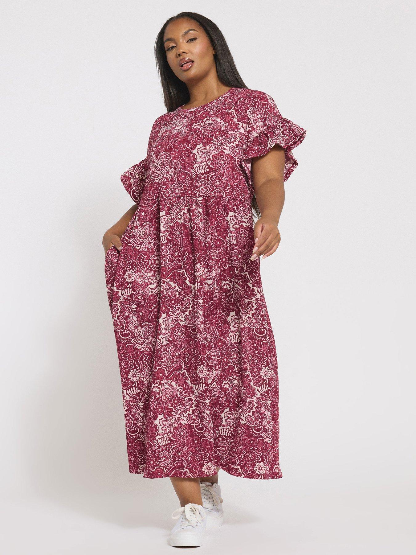 undefined Curve Frill Sleeve Midaxi Dress - Red