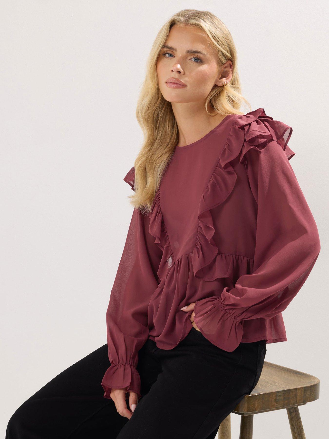 undefined Petite Frill Shoulder Long Sleeve Top - Red