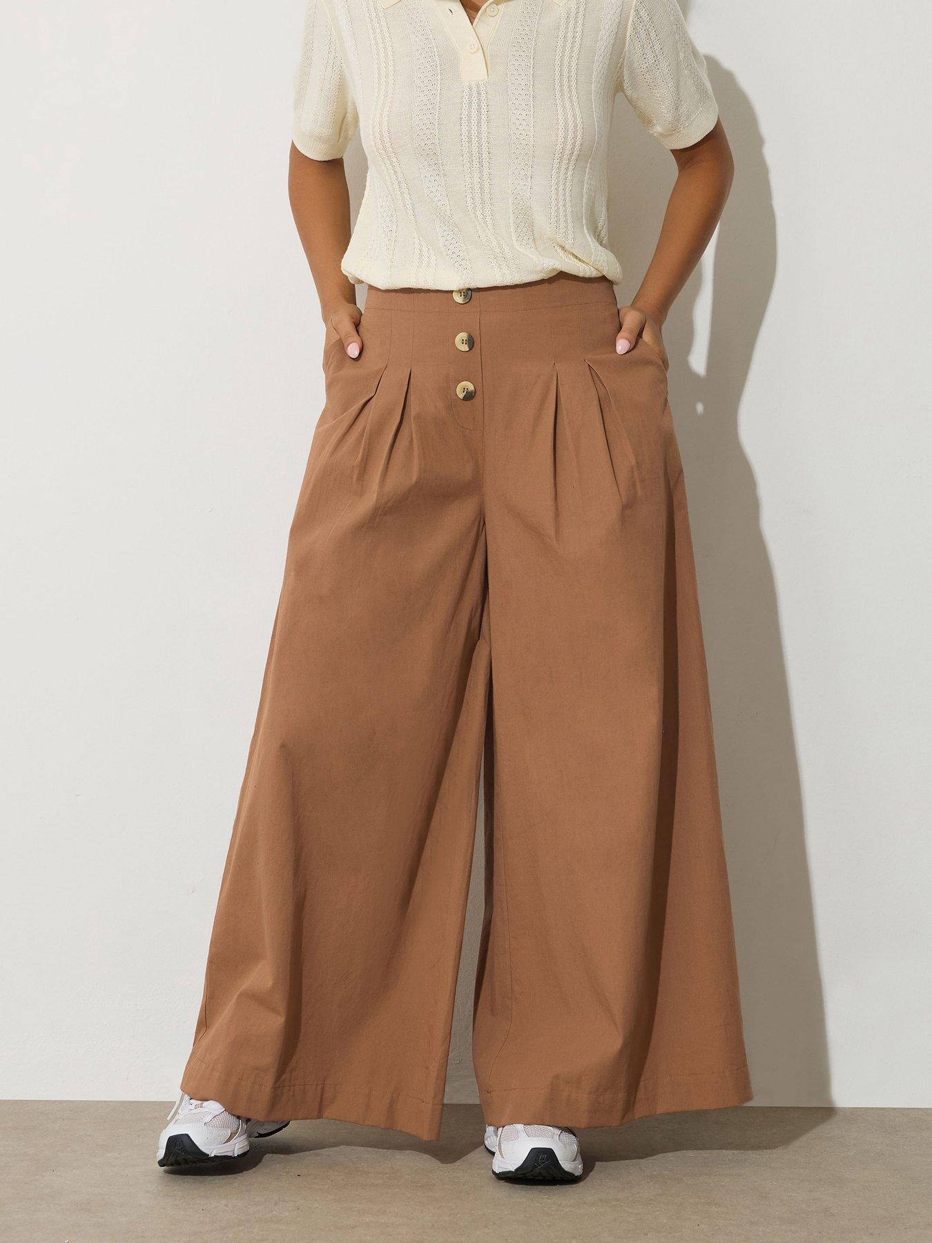 Image 1 of 4 of PixieGirl Petite Button Front Palazzo Trouser - Brown