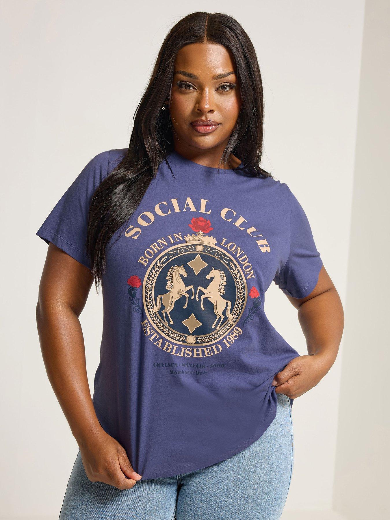 Image 1 of 4 of Yours Curve Placement Set In Sleeve T-Shirt - Blue