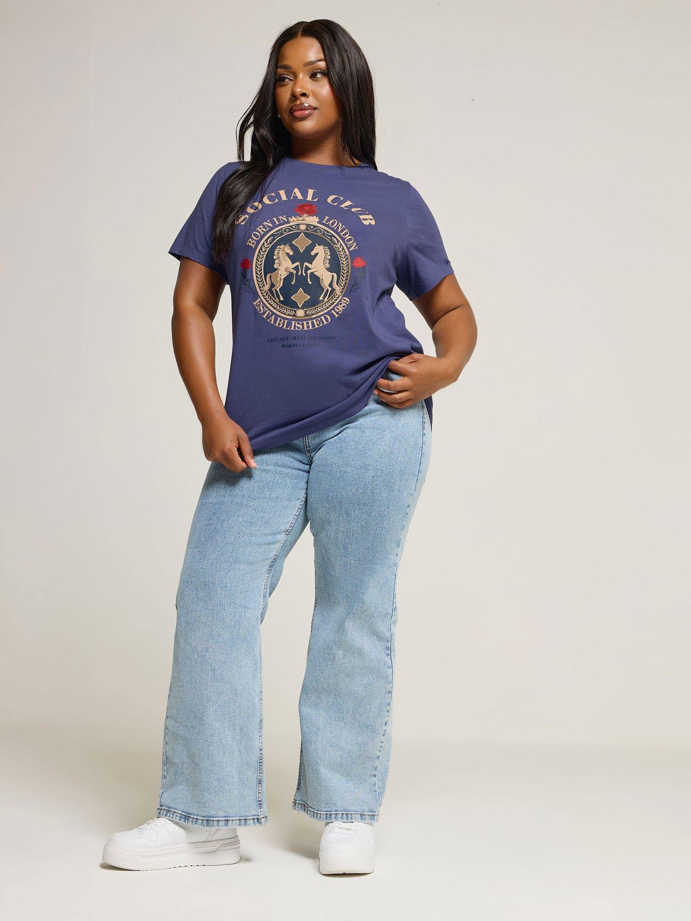 Image 3 of 4 of Yours Curve Placement Set In Sleeve T-Shirt - Blue
