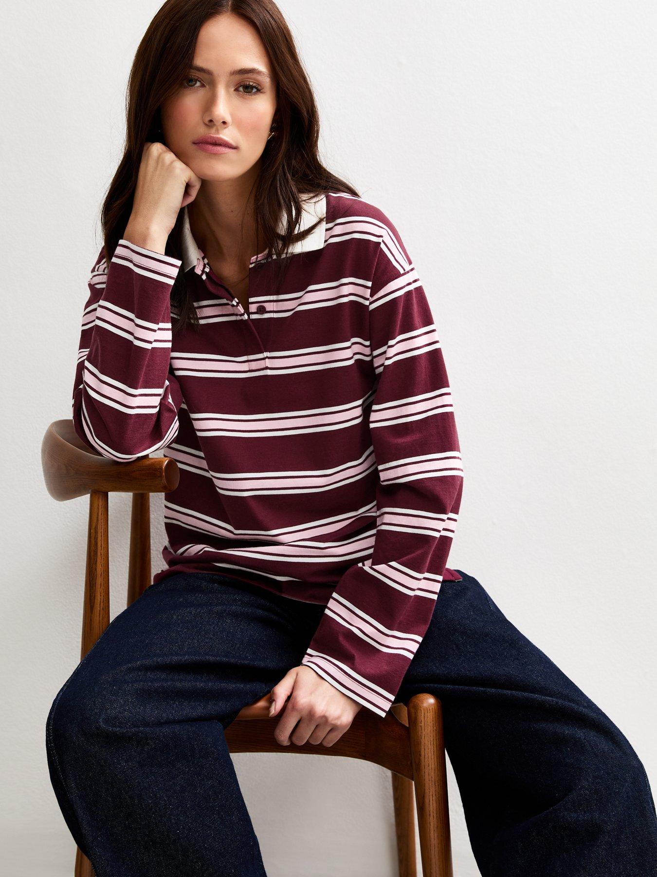 Image 1 of 4 of New Look Striped Long Sleeve Rugby Top - Red