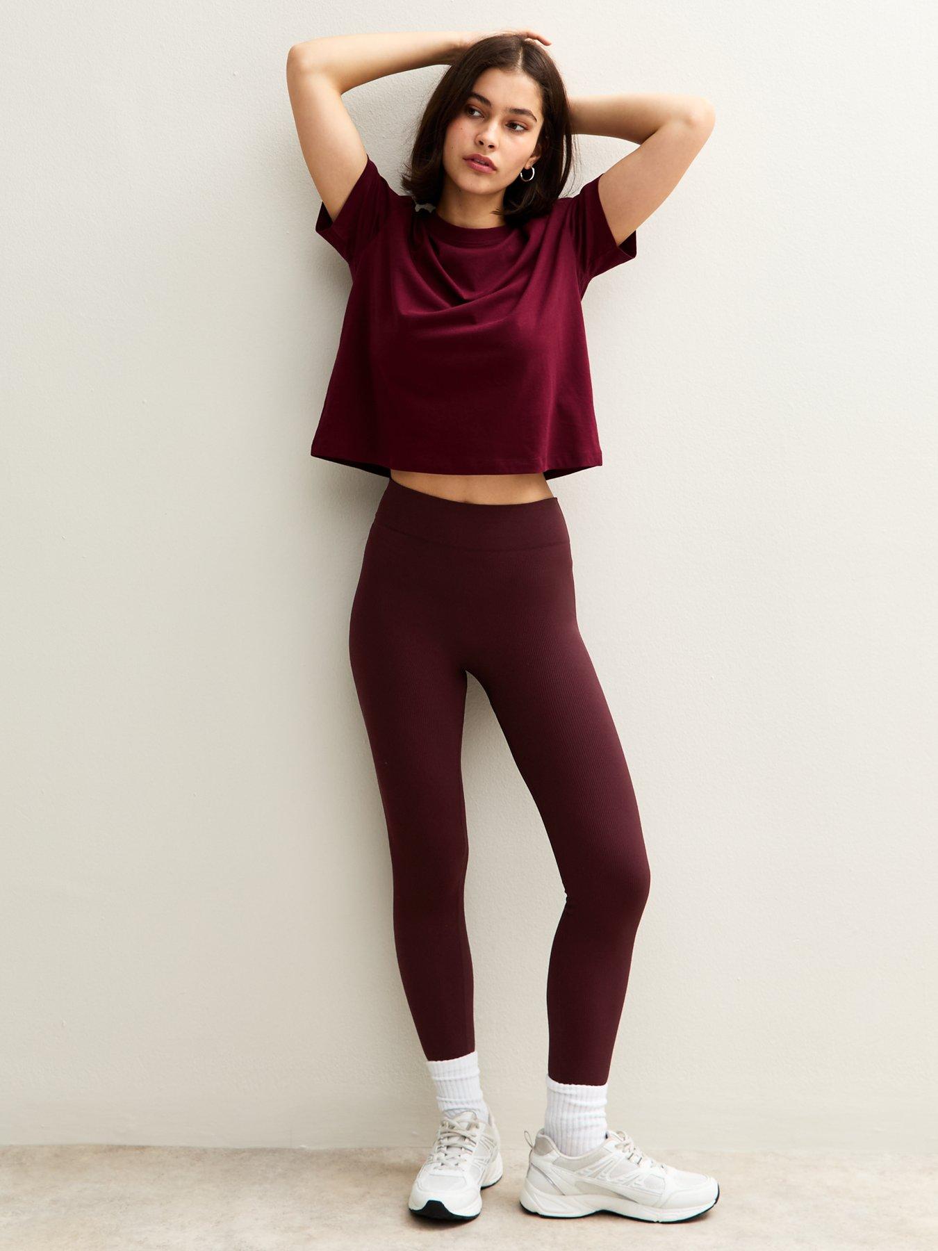 New Look Seamless Ribbed Jersey Leggings - Burgundy