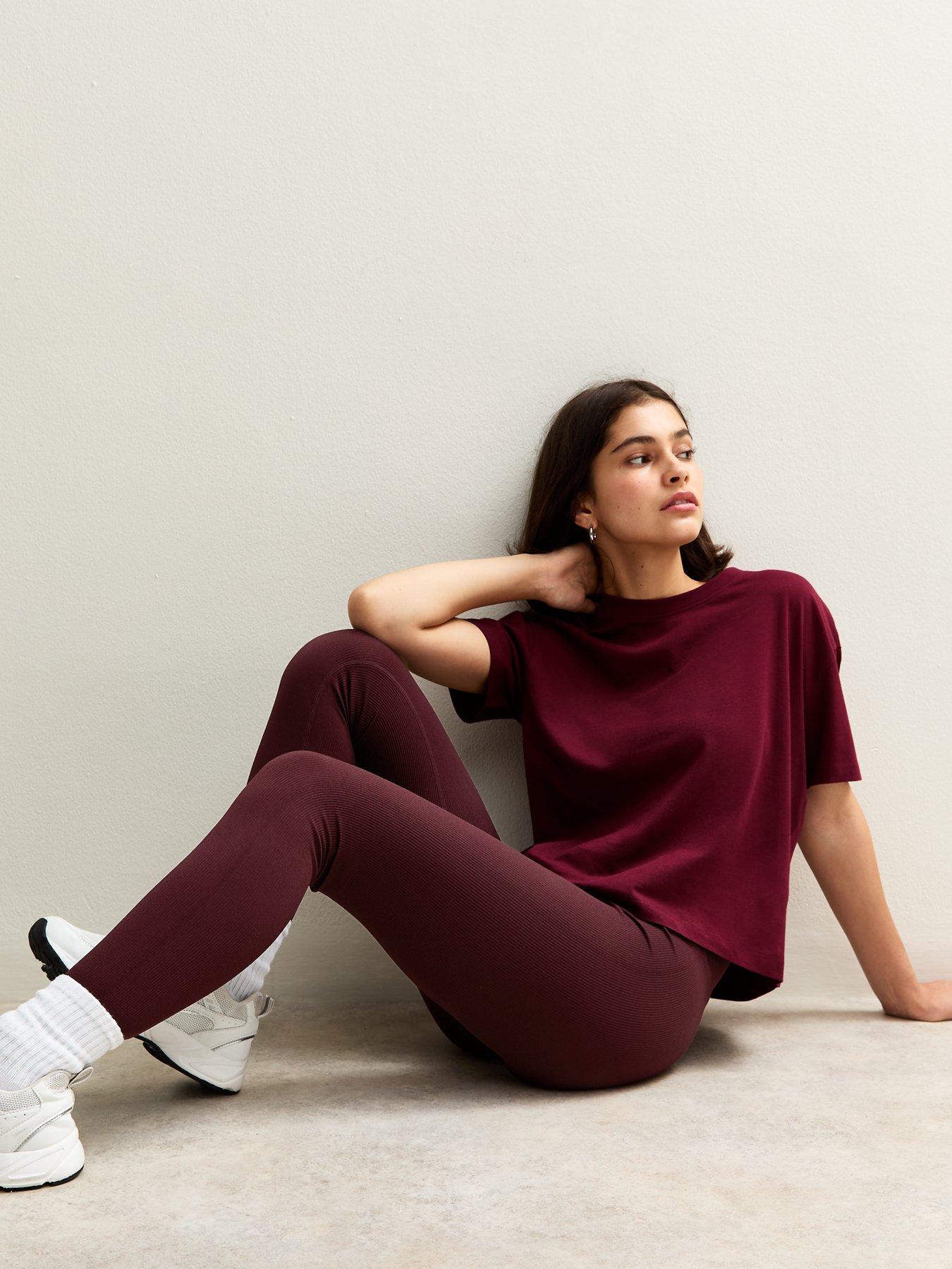 Image 4 of 5 of New Look Seamless Ribbed Jersey Leggings - Burgundy