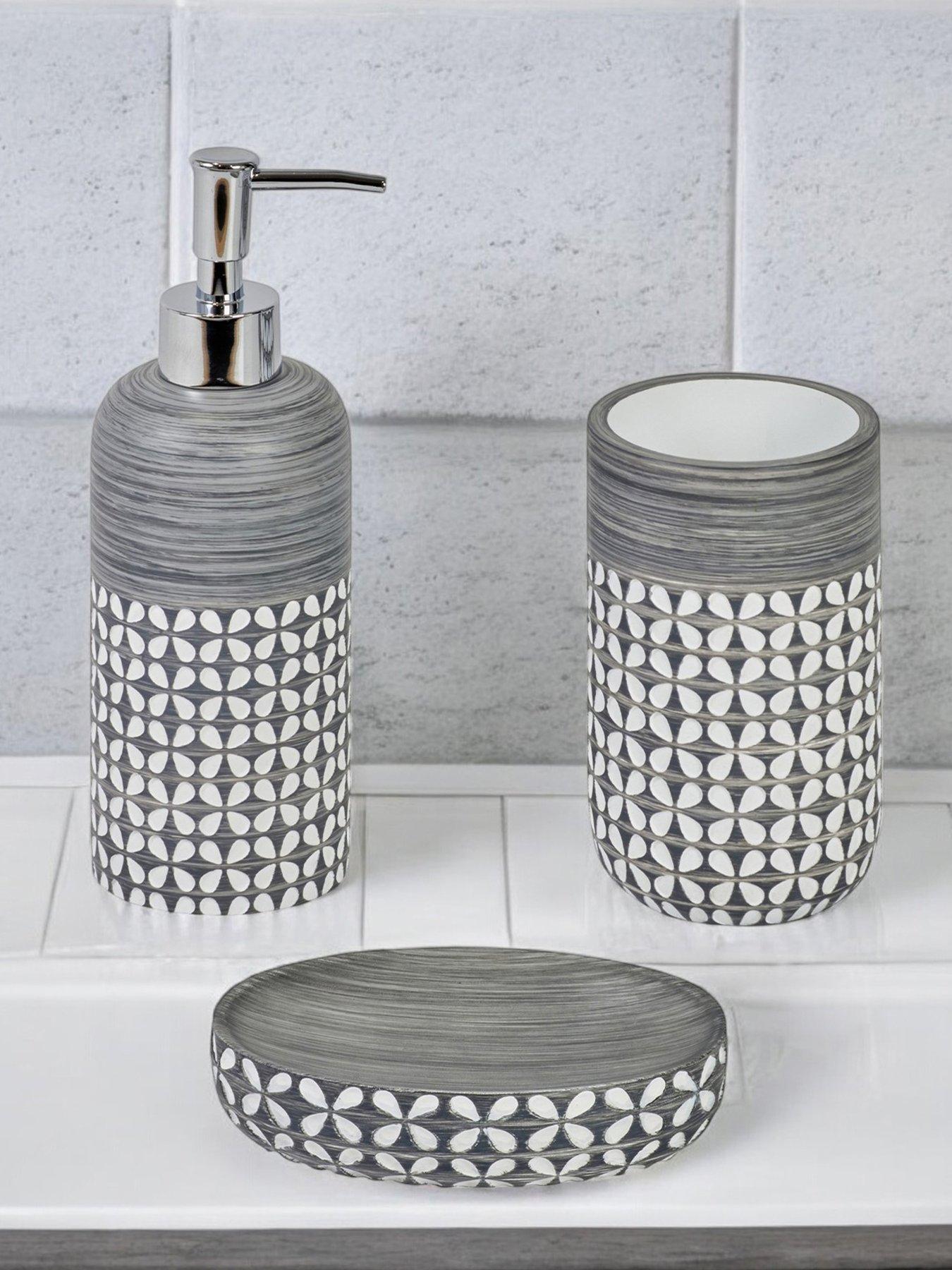 Showerdrape Ravello Geo Floral Grey  &  White 3 Piece Bathroom Accessory Set