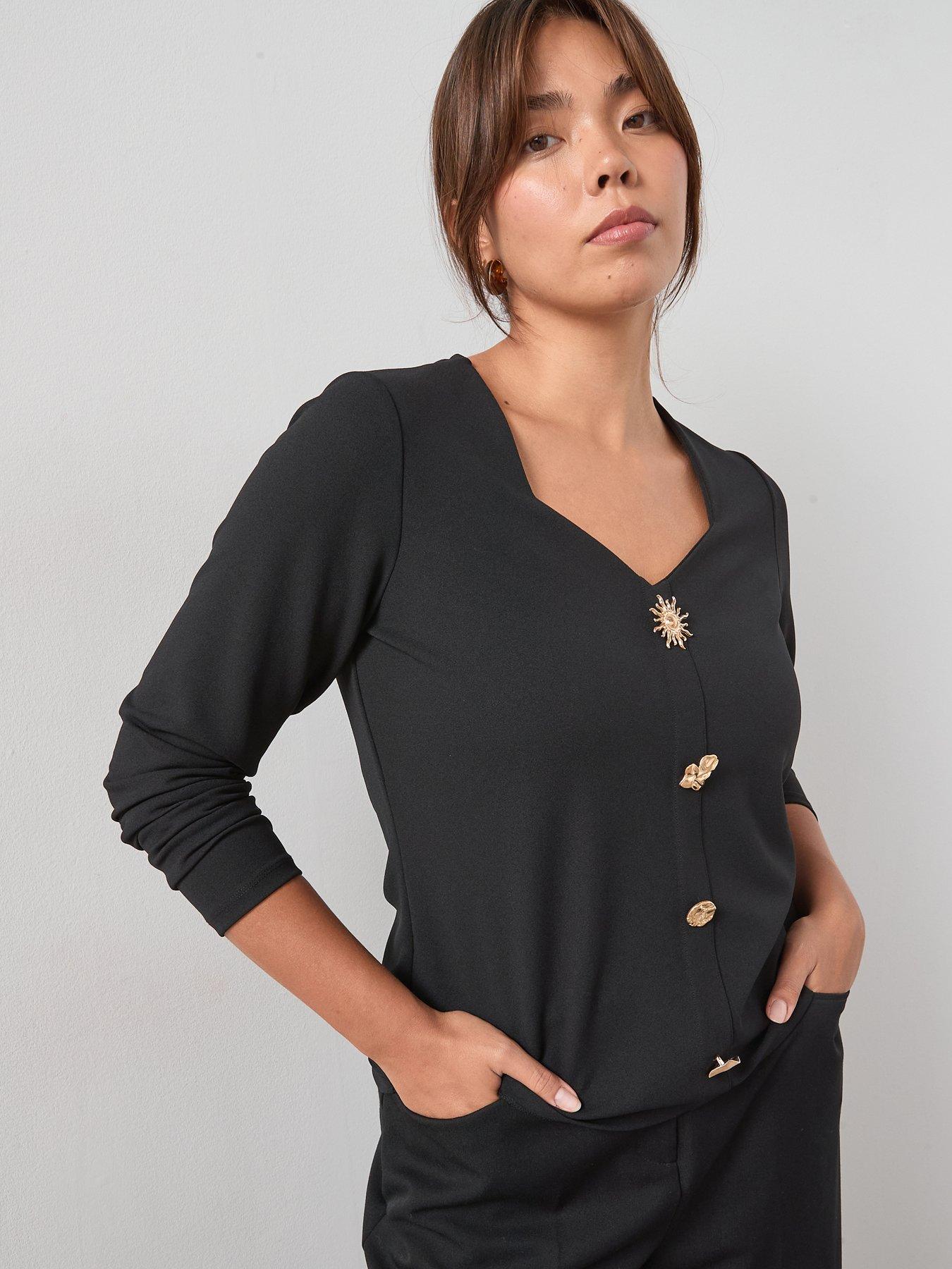 V by Very Curve Button Detail Long Sleeve Top - Black