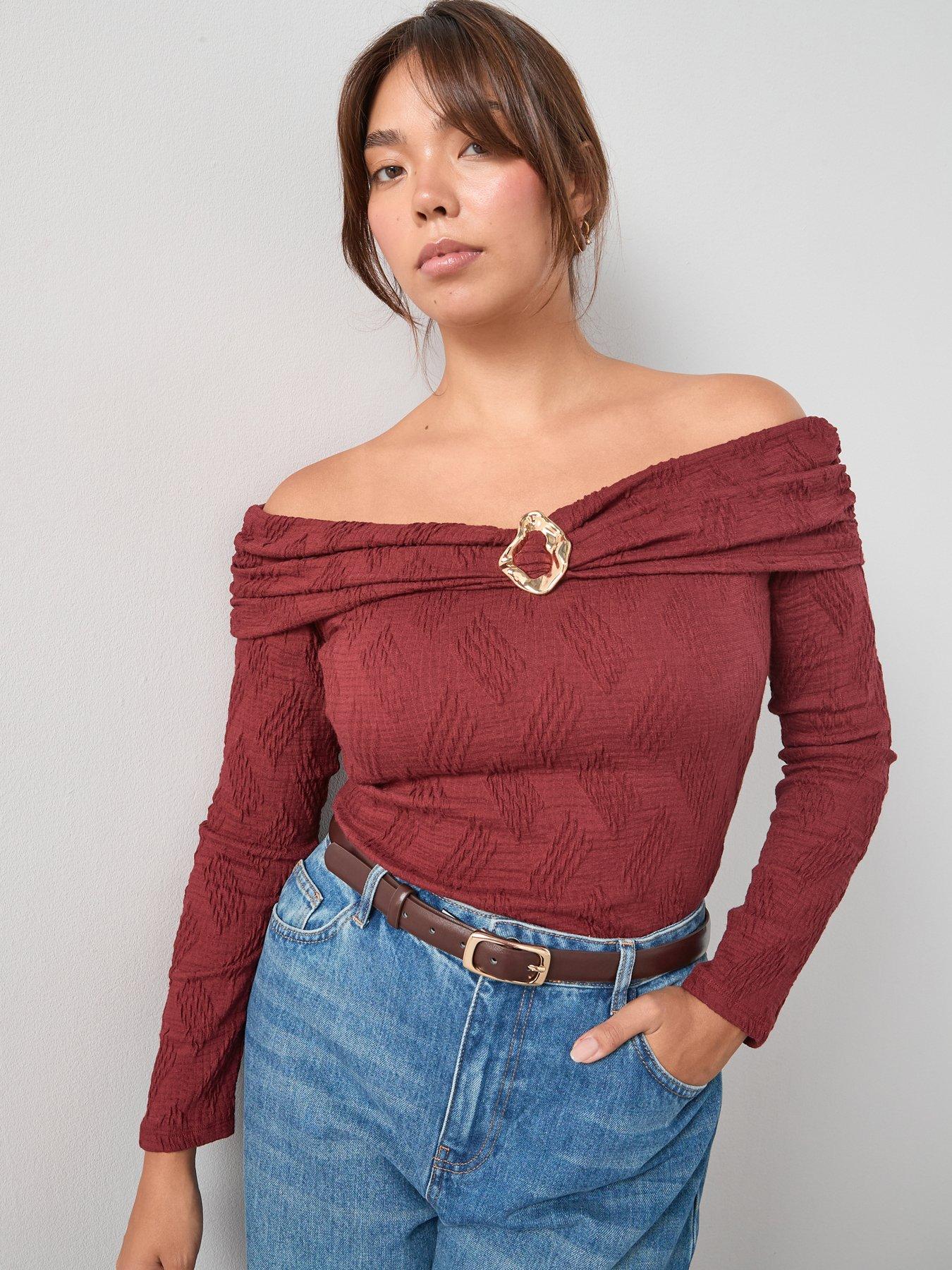 undefined Gold Trim Bardot Top - Red