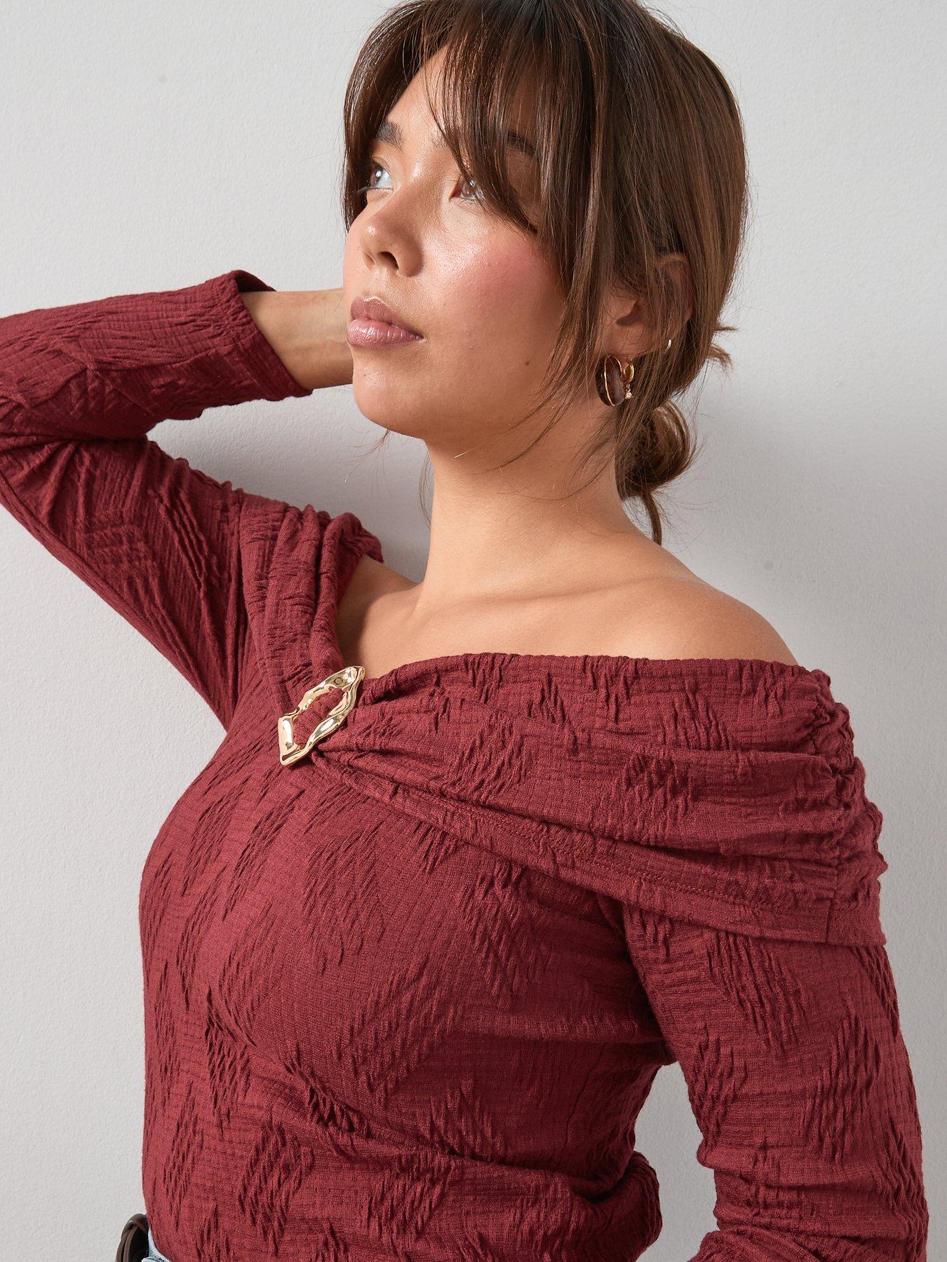 Image 4 of 6 of V by Very Curve Gold Trim Bardot Top - Red
