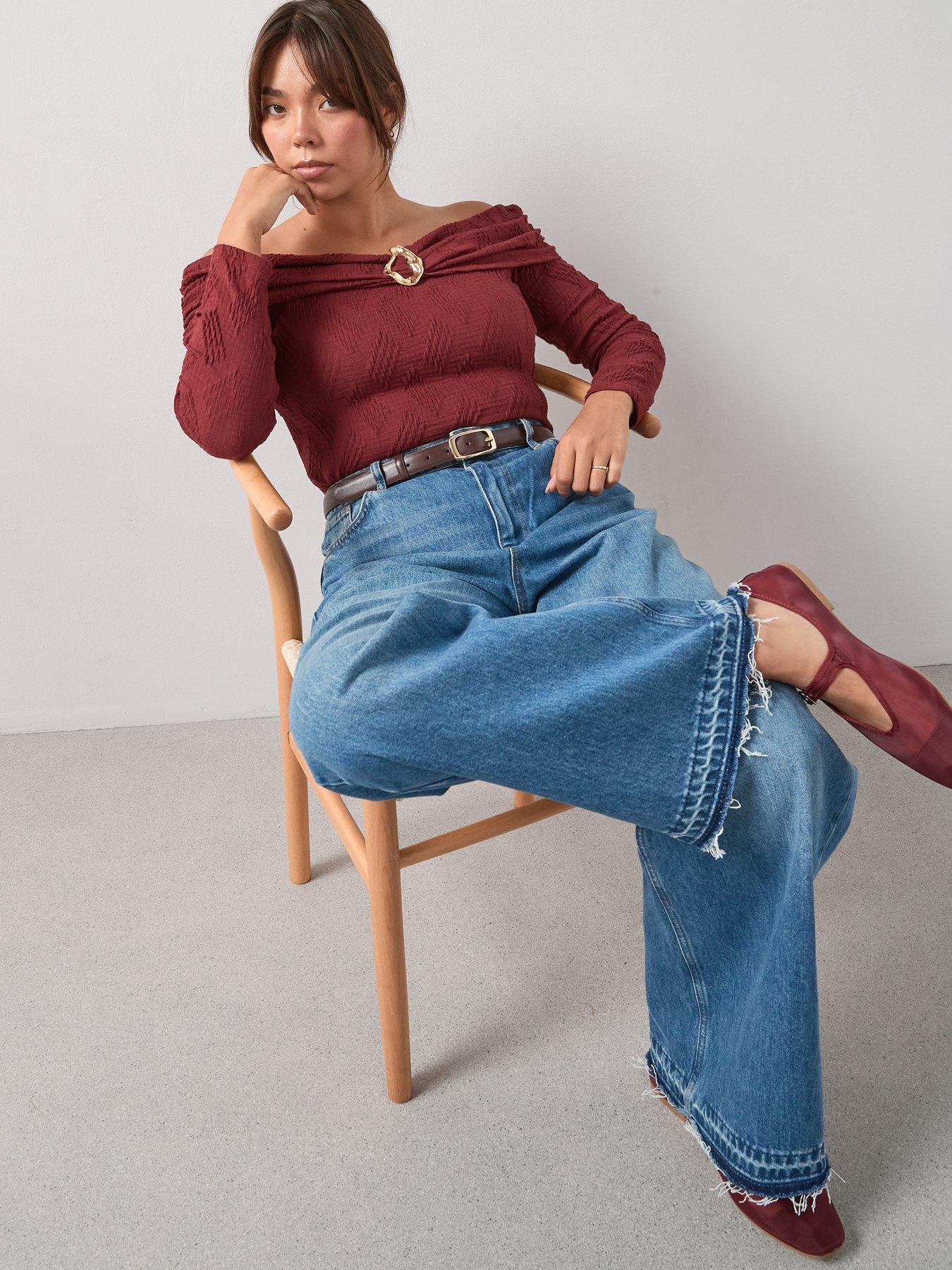 Image 5 of 6 of V by Very Curve Gold Trim Bardot Top - Red