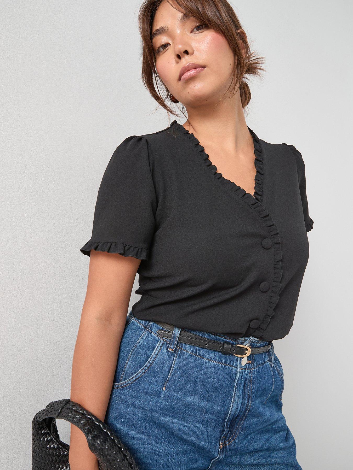 undefined Frill Trim Button Top - Black