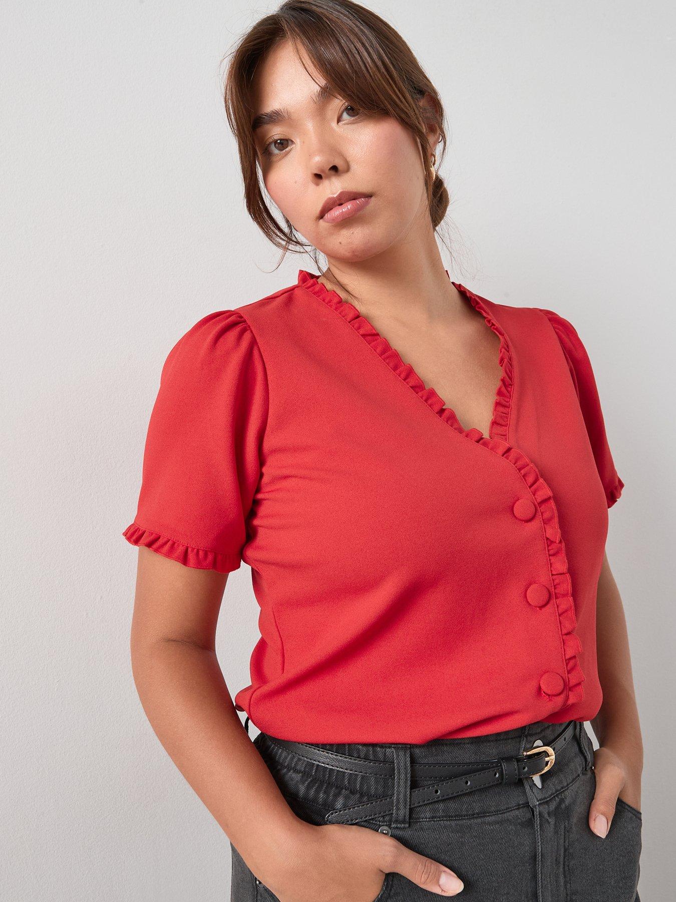 undefined Frill Trim Button Top - Red