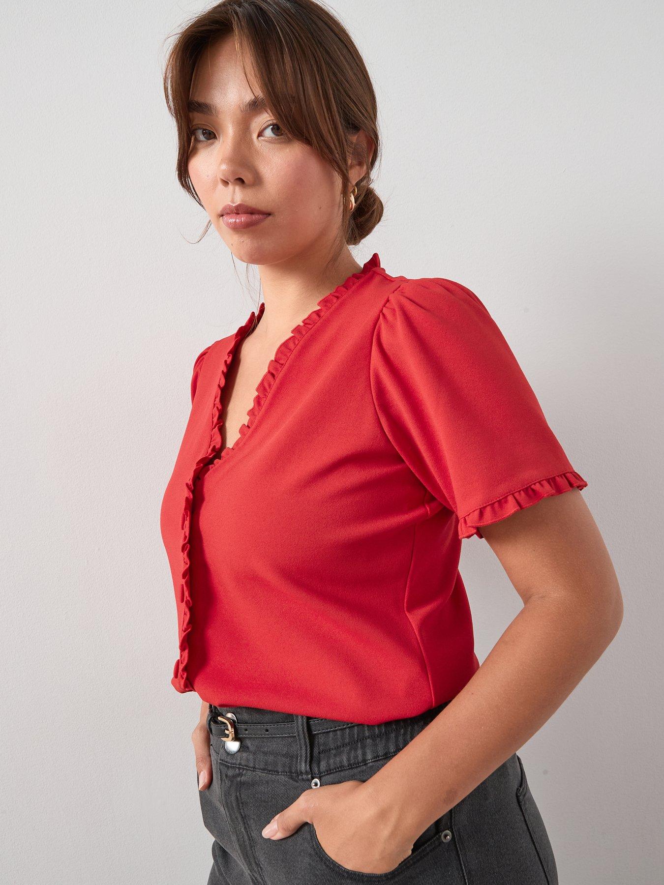 Image 4 of 6 of V by Very Curve Frill Trim Button Top - Red