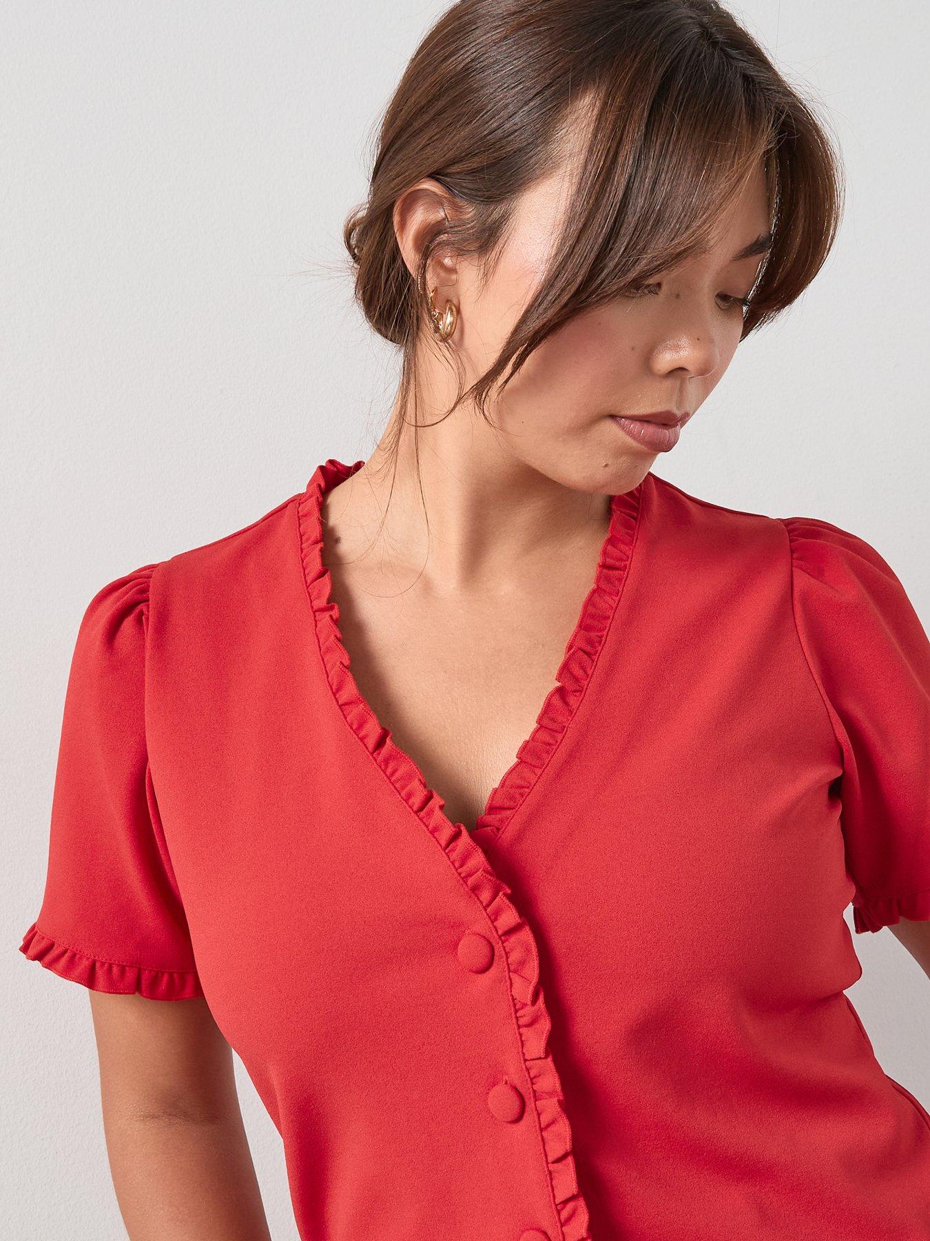 Image 6 of 6 of V by Very Curve Frill Trim Button Top - Red