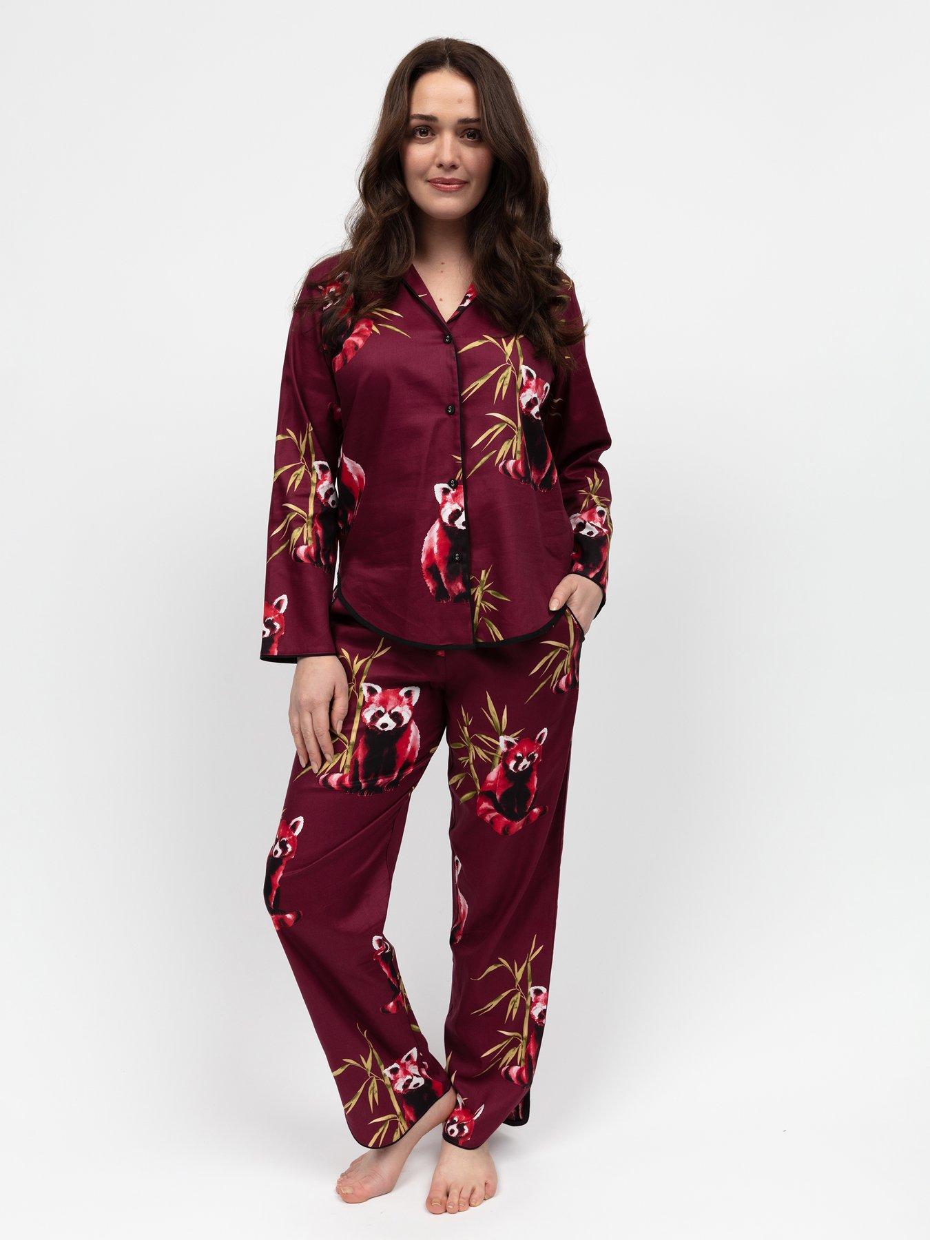 undefined Yasmin Ox Blood Panda Print Pyjama Set  - Red