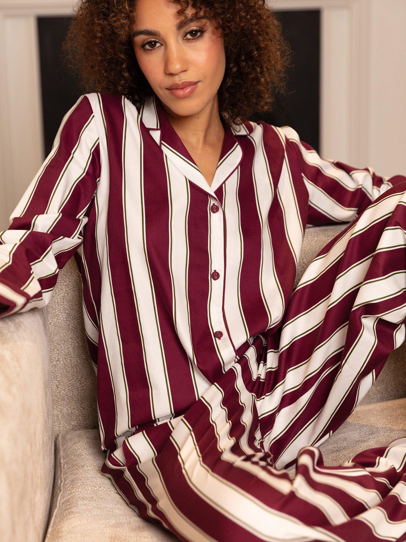 undefined Yasmin Ox Blood Printed Stripe Long Sleeve Pyjama Set - Red