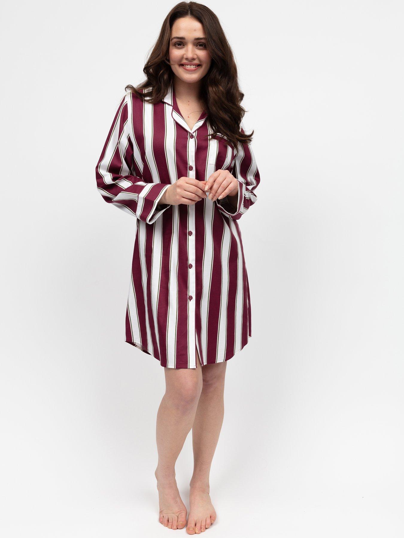 undefined Yasmin Ox Blood Printed Stripe Long Sleeve Nightshirt - Red