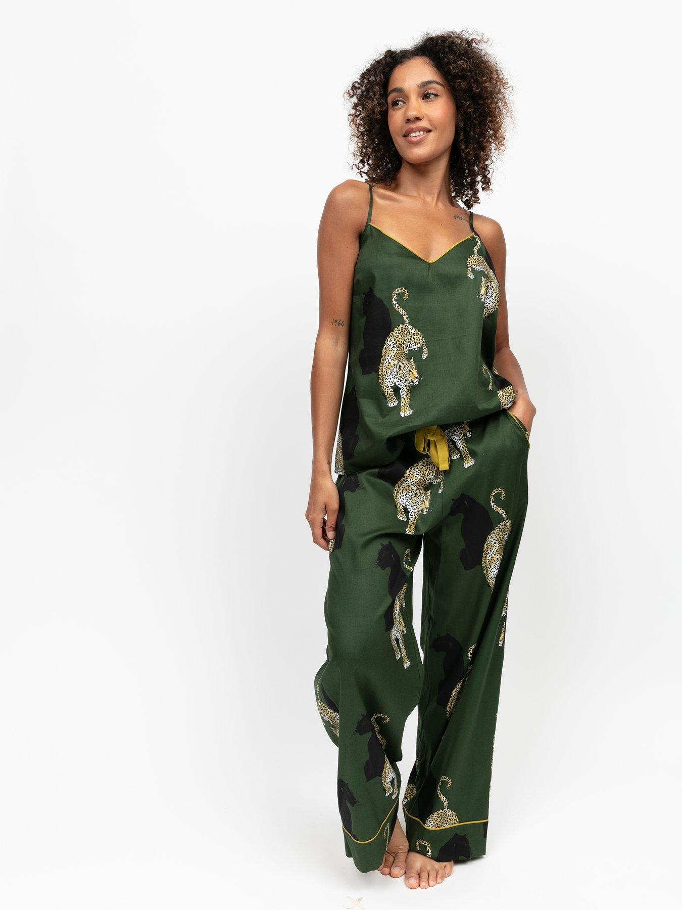 undefined Olive Leopard Print Cami And Wide Leg Pyjama Set - Green