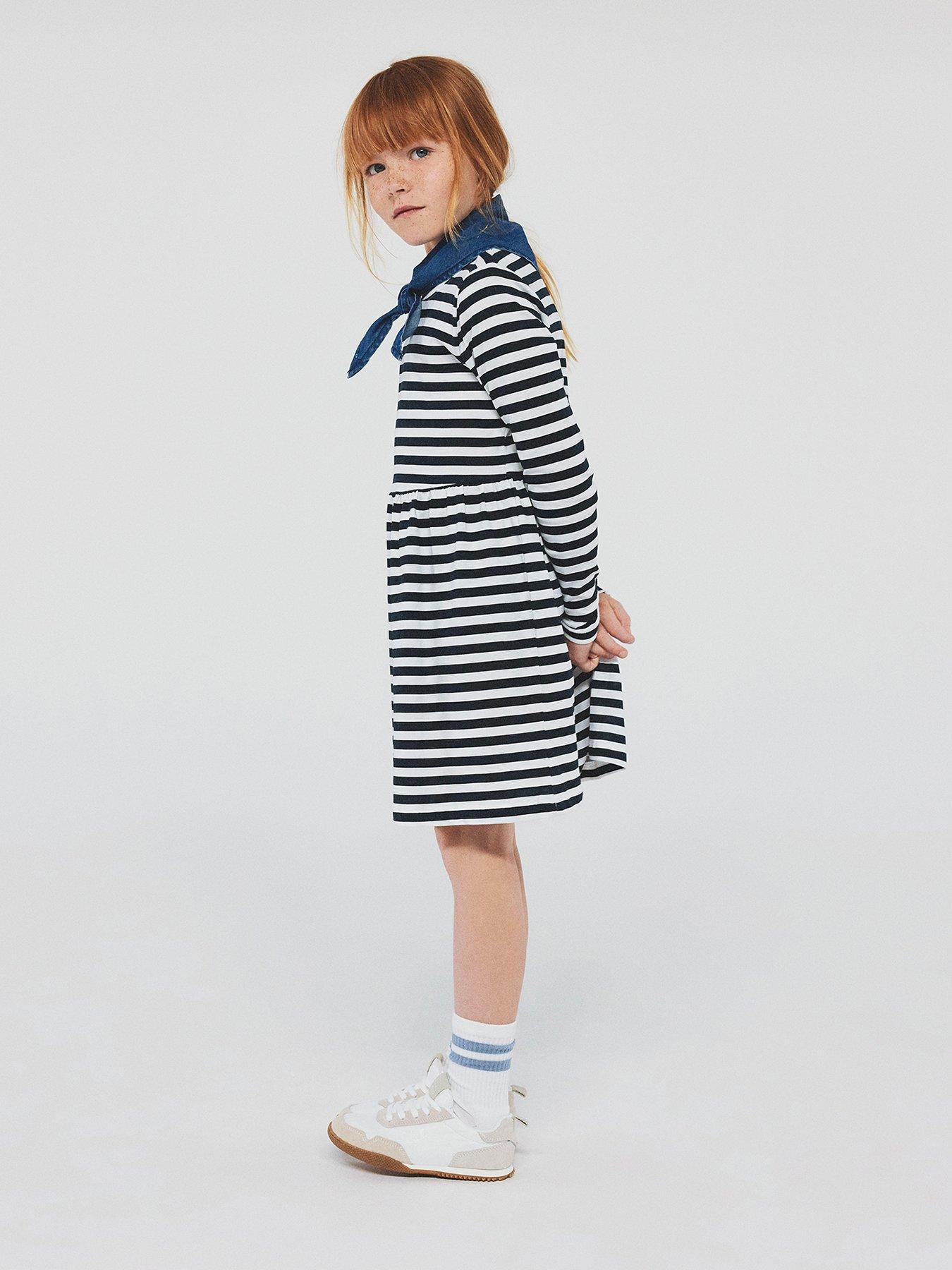 undefined Mini Girls Stripe Long Sleeve Jersey Dress - Navy/White