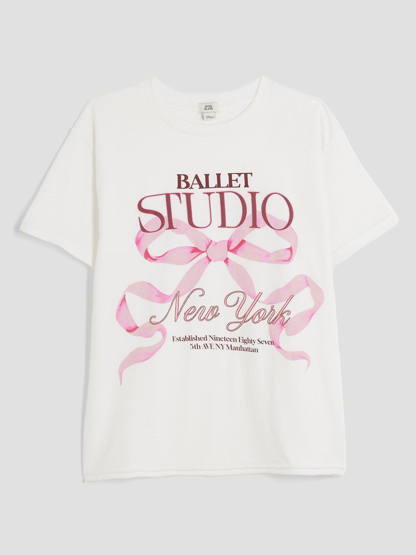 Image 1 of 4 of River Island Older Girls Ballet Studio Bow T-Shirt - White