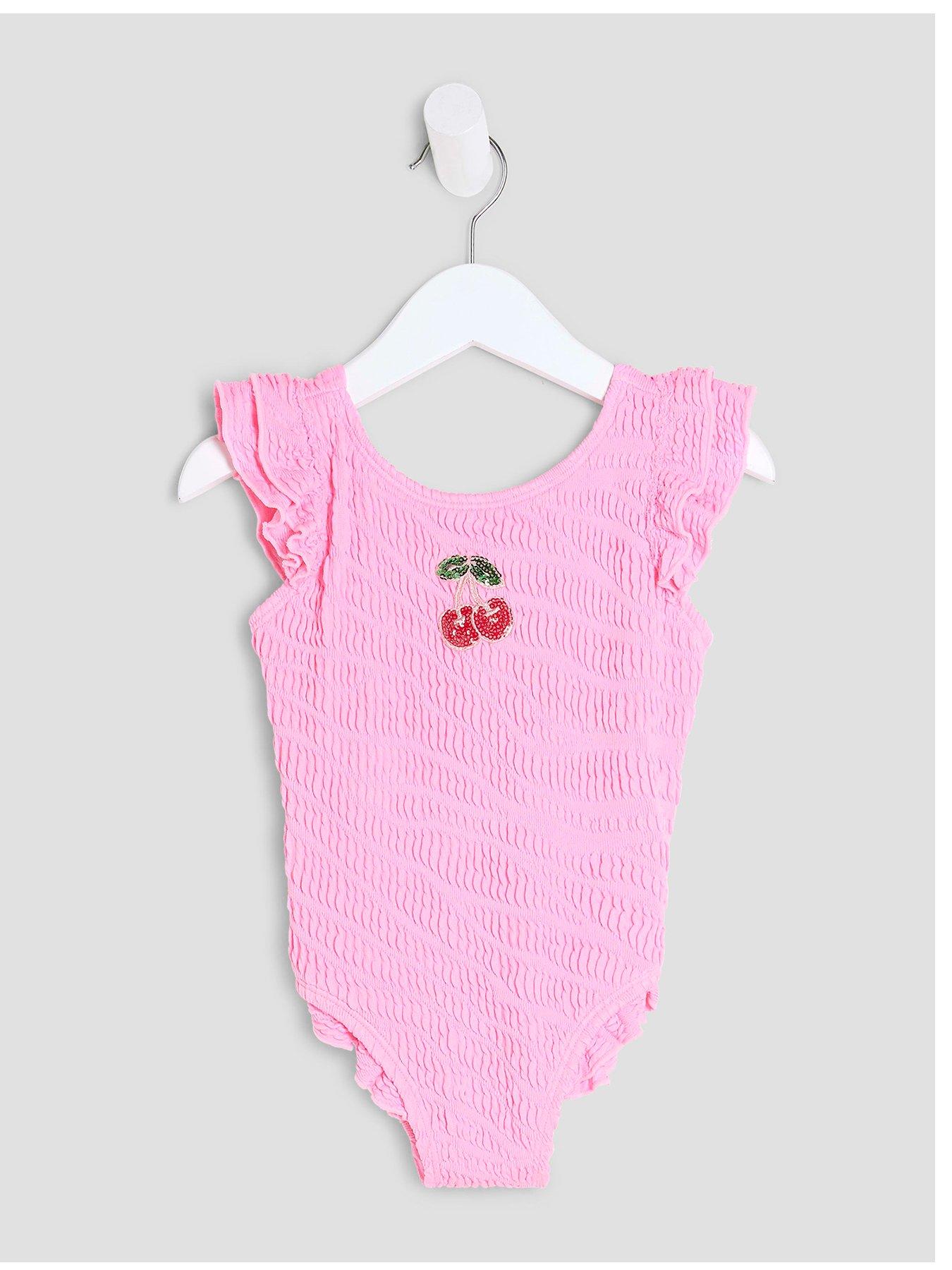 front image of river-island-mini-girls-embellished-cherry-swimsuit-pink