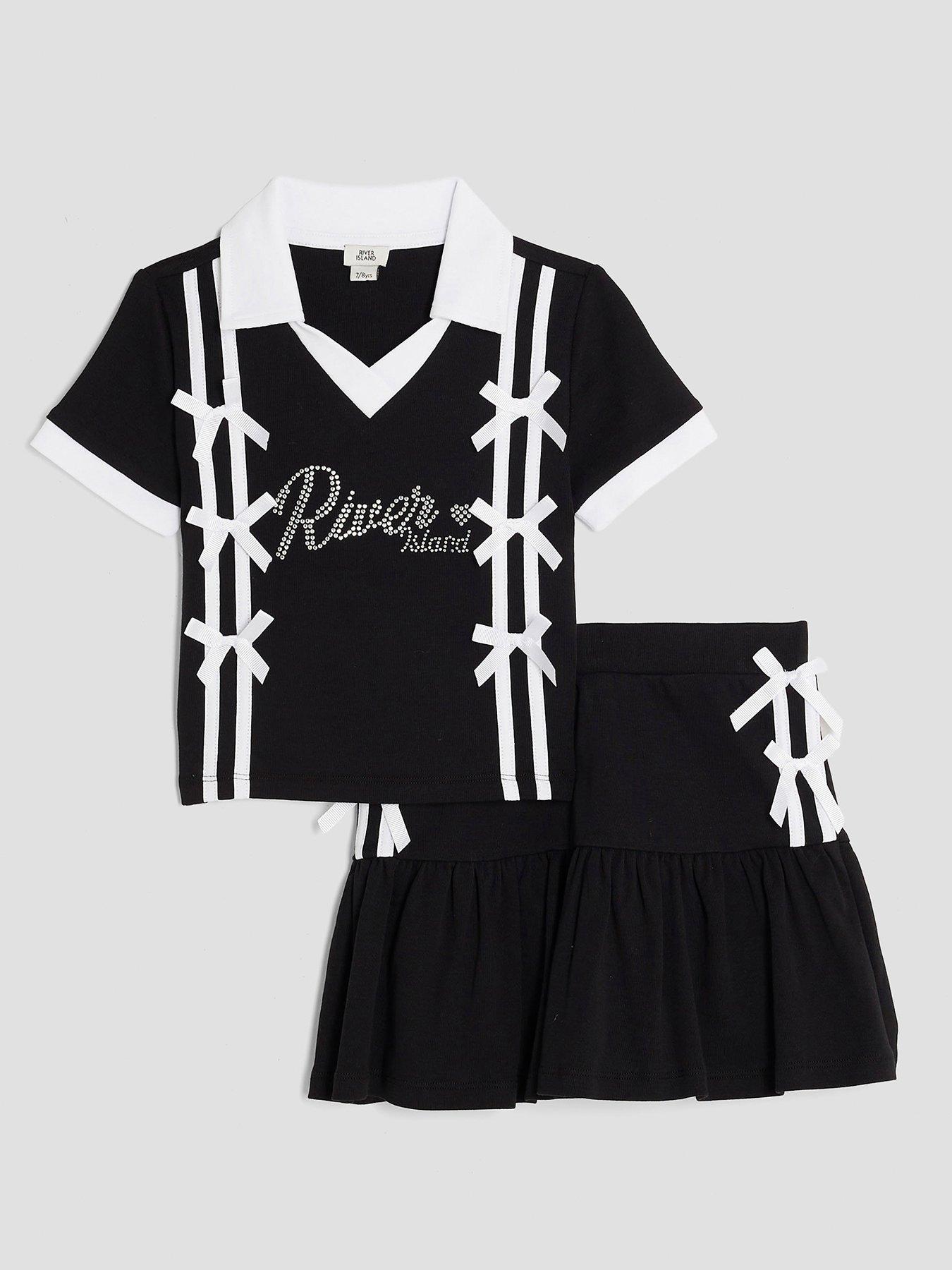 undefined Older Girls Polo Shirt  &  Skirt Bow Set - Black