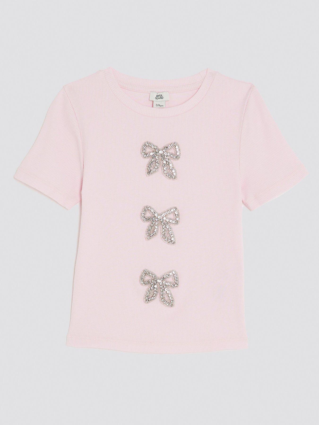 undefined Older Girls Ribbed Diamante Bow T-Shirt - Pink