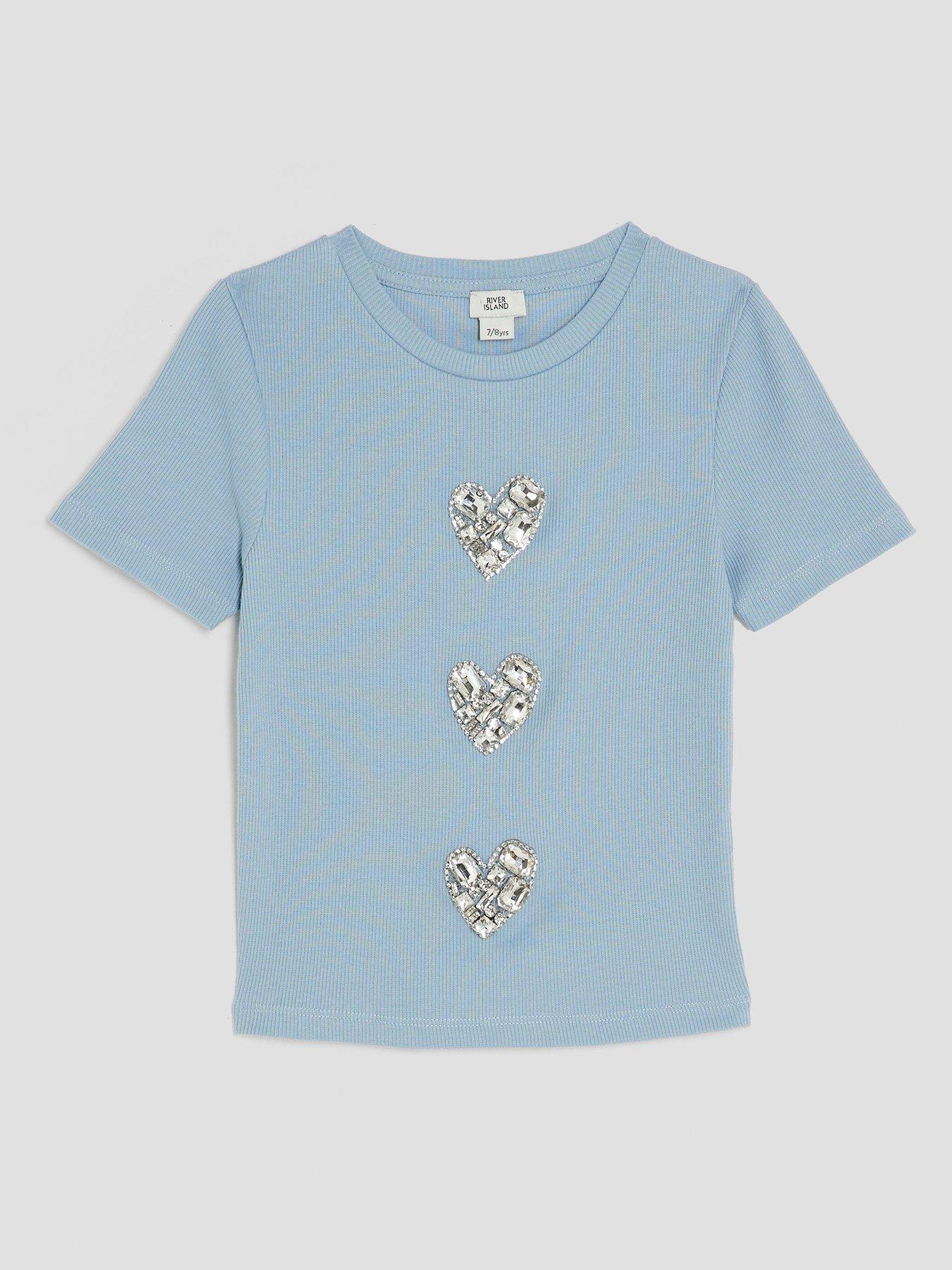undefined Older Girls Ribbed Diamante Heart T-Shirt - Blue