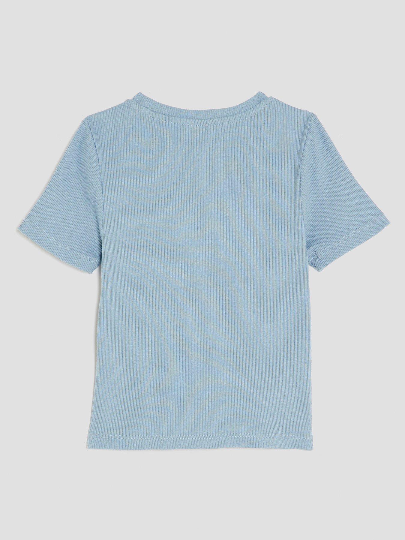 Image 2 of 4 of River Island Older Girls Ribbed Diamante Heart T-Shirt - Blue