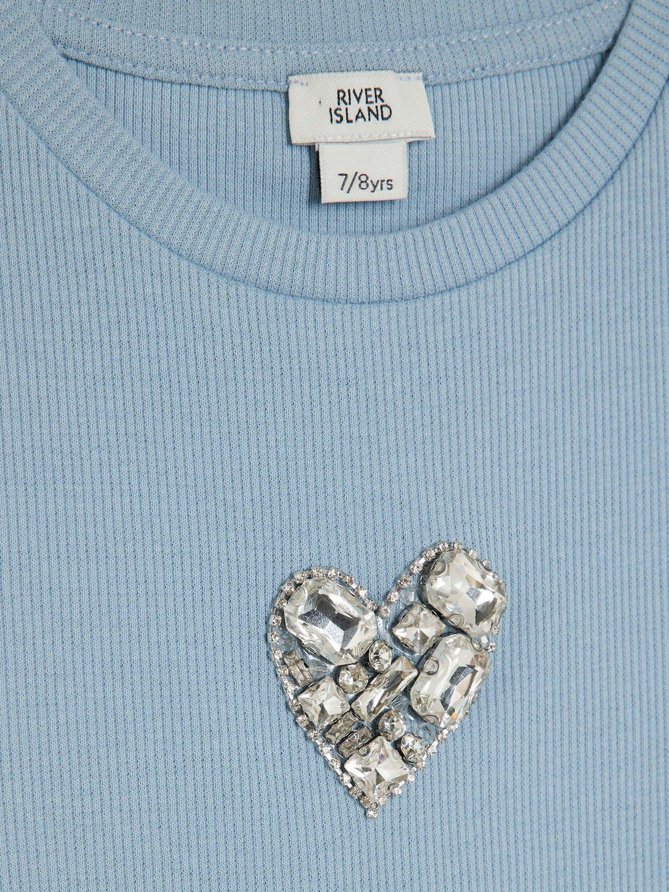 Image 3 of 4 of River Island Older Girls Ribbed Diamante Heart T-Shirt - Blue