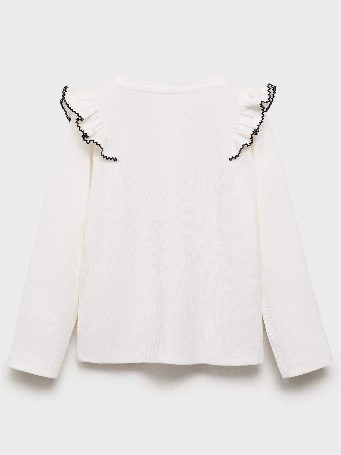 Image 2 of 4 of Mango Younger Girls Frill Shoulder Long Sleeve T-Shirt - Light Cream