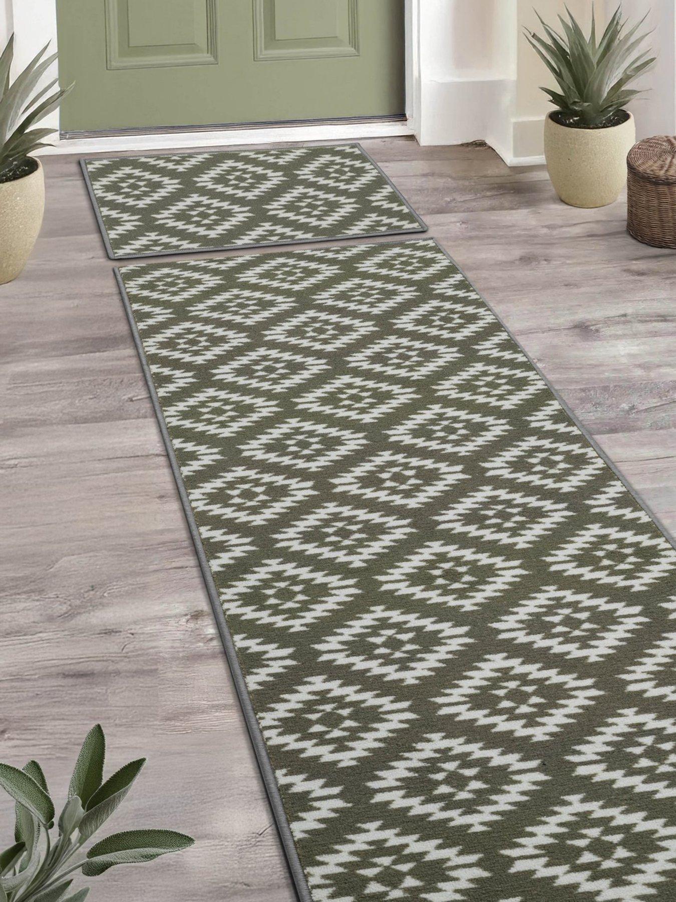 Aztec Sage Green Diamond Runner  &  Doormat Set