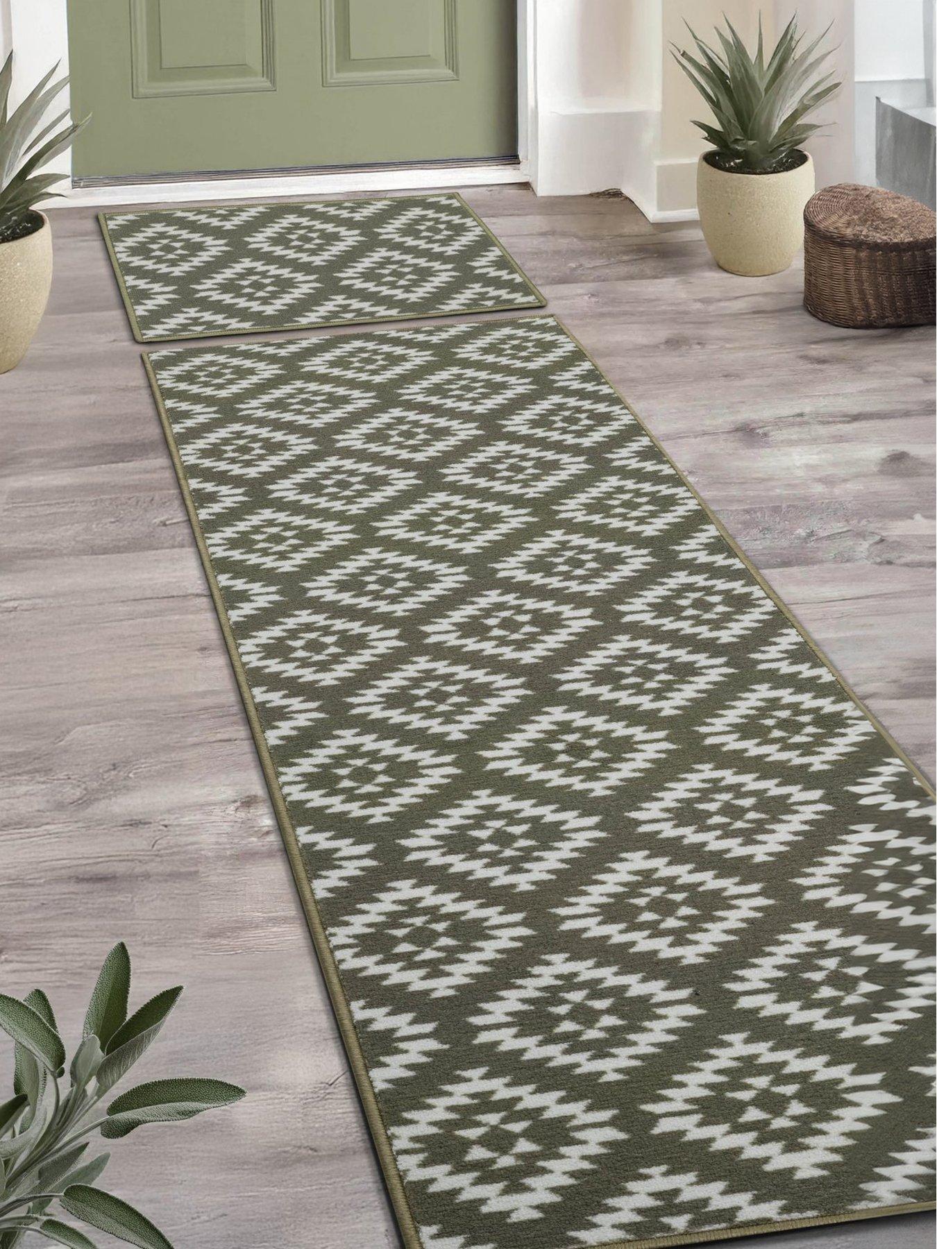 Aztec Sage Green Diamond Runner & Doormat Set