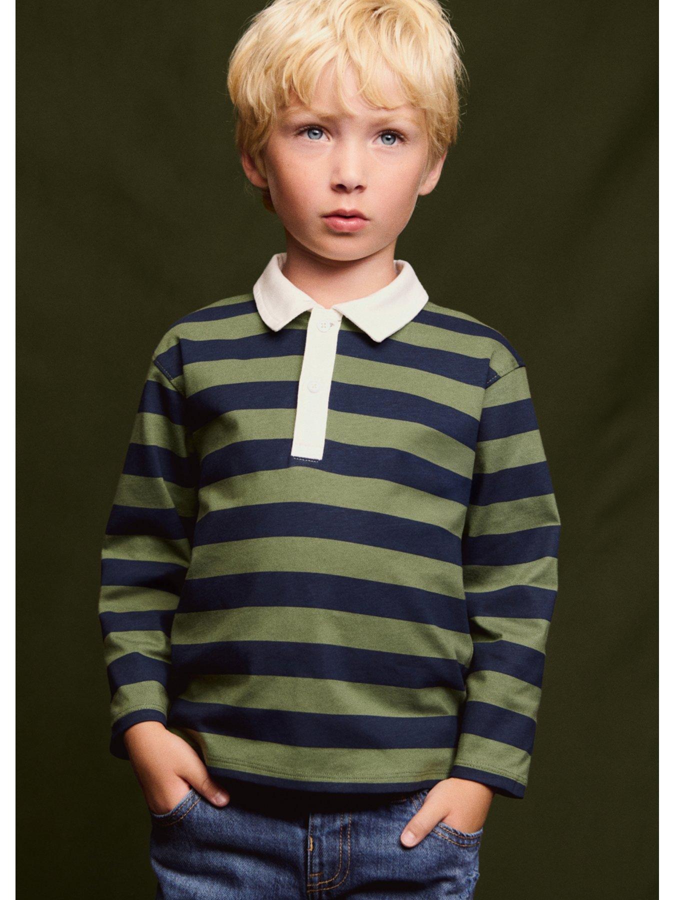 Image 1 of 6 of Mango Younger Boys Striped Long Sleeve Rugby Polo - Green