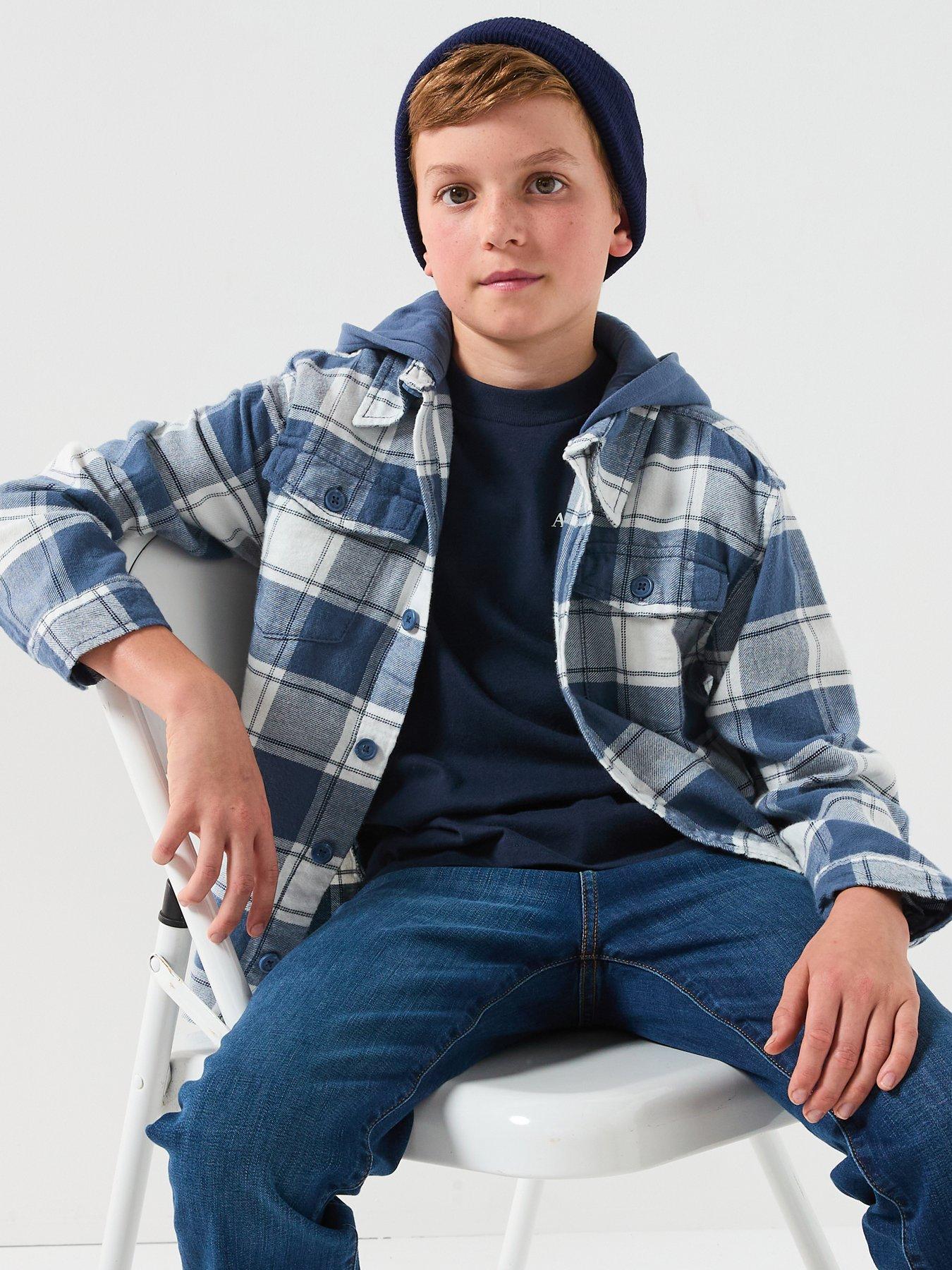 Abercrombie & Fitch Boys Hooded Flannel Checked Long Sleeve Shirt - Blue
