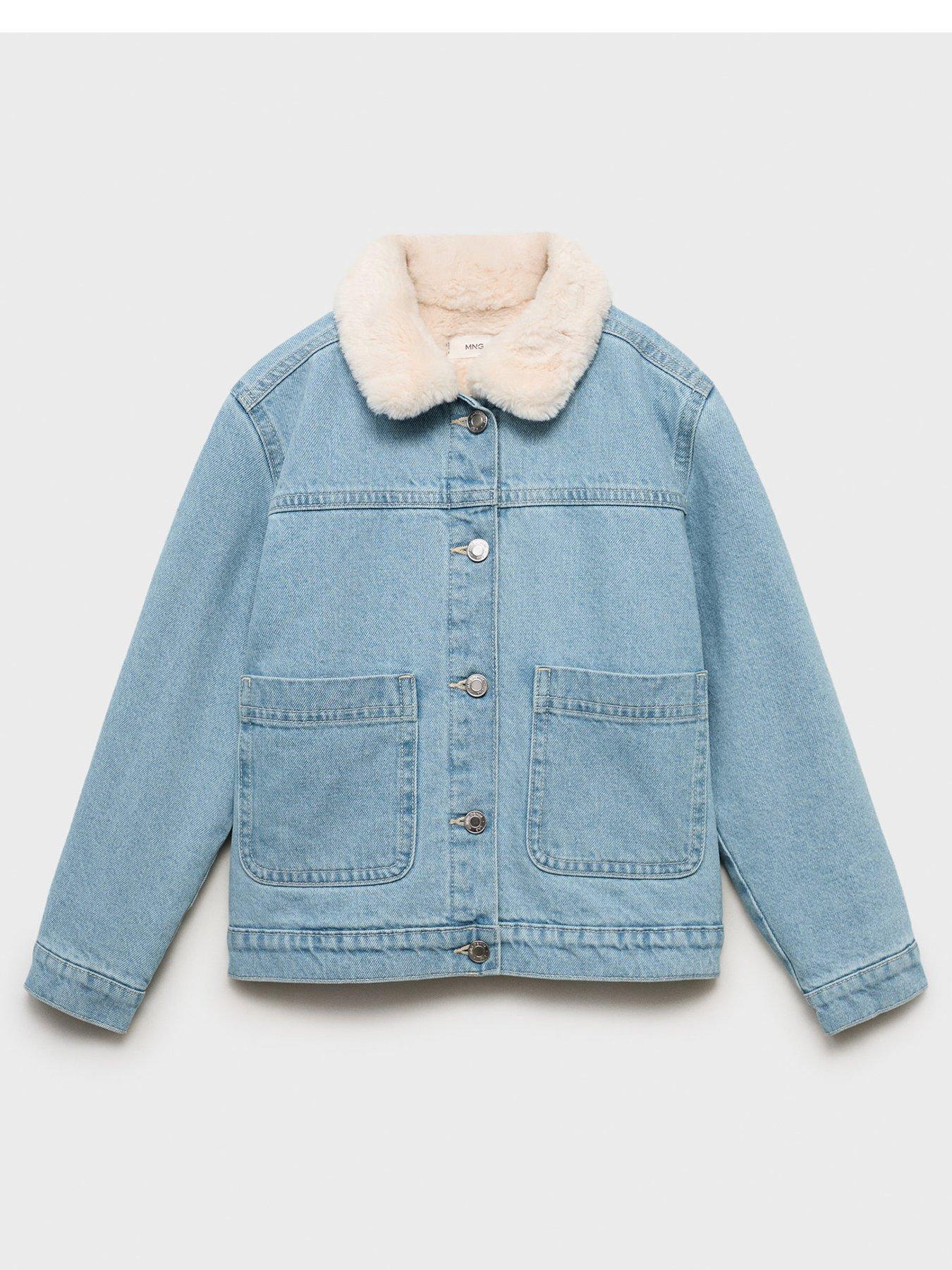 undefined Girls Faux Fur Collar Denim Jacket - Blue