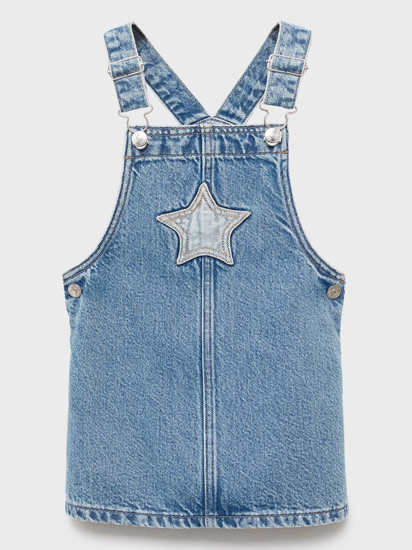 Image 1 of 4 of Mango Younger Girls Star Denim Pinny - Blue