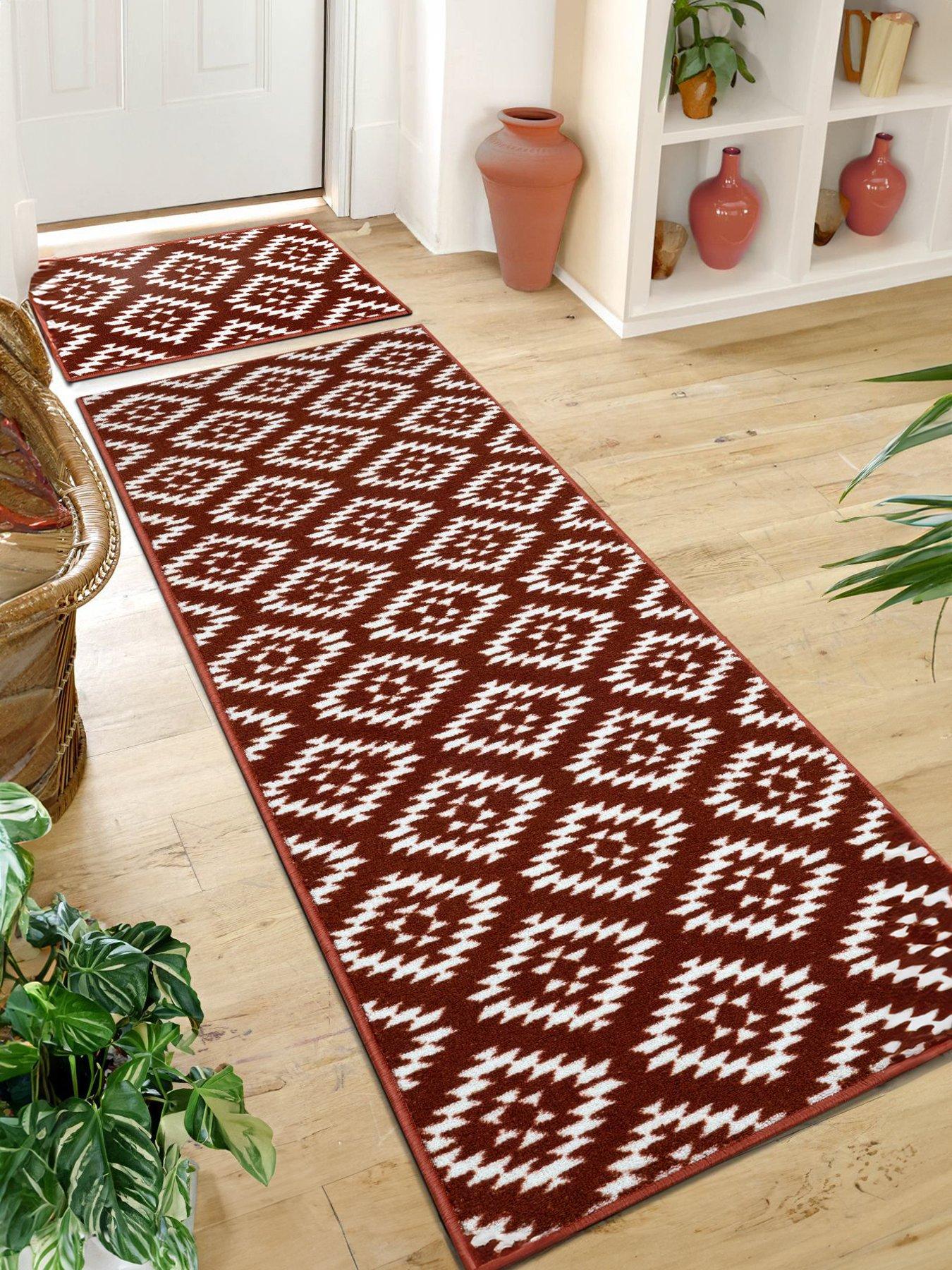 Aztec Terracotta Diamond Runner & Doormat Set