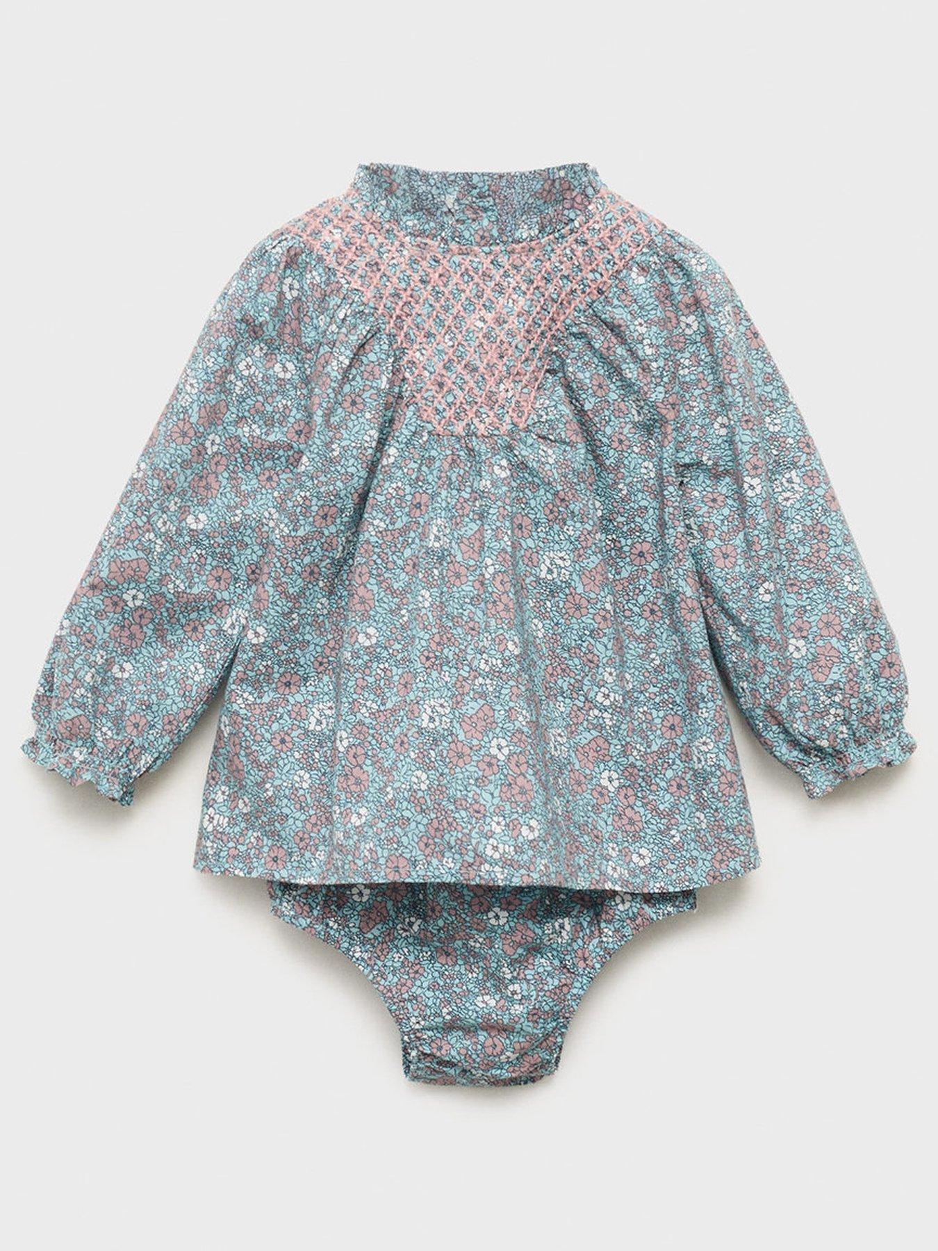 Image 1 of 4 of Mango Baby Girls Long Sleeve Floral Dress &amp; Knickers - Blue