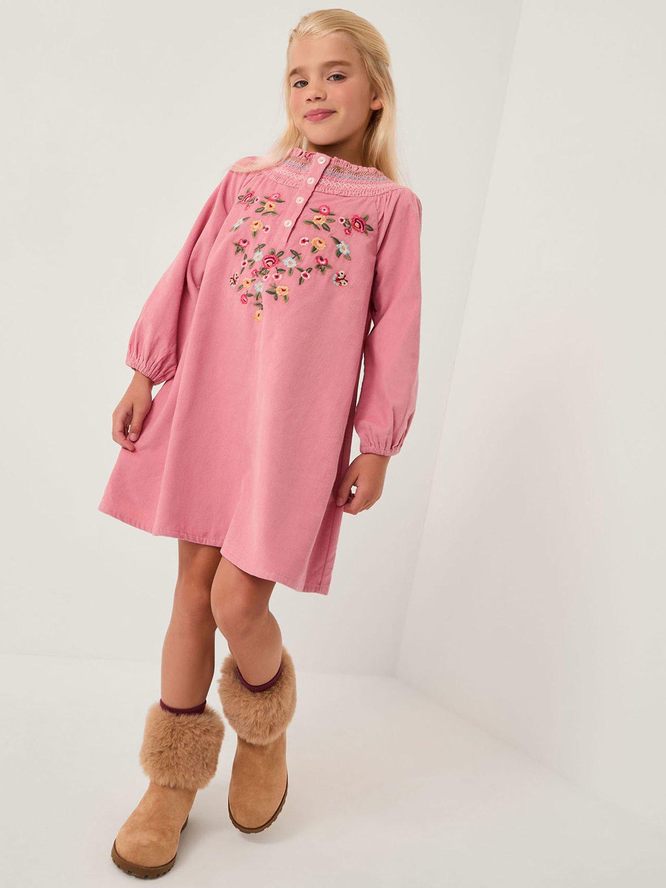 Monsoon Girls Smocked Embroidered Cord Dress - Pink