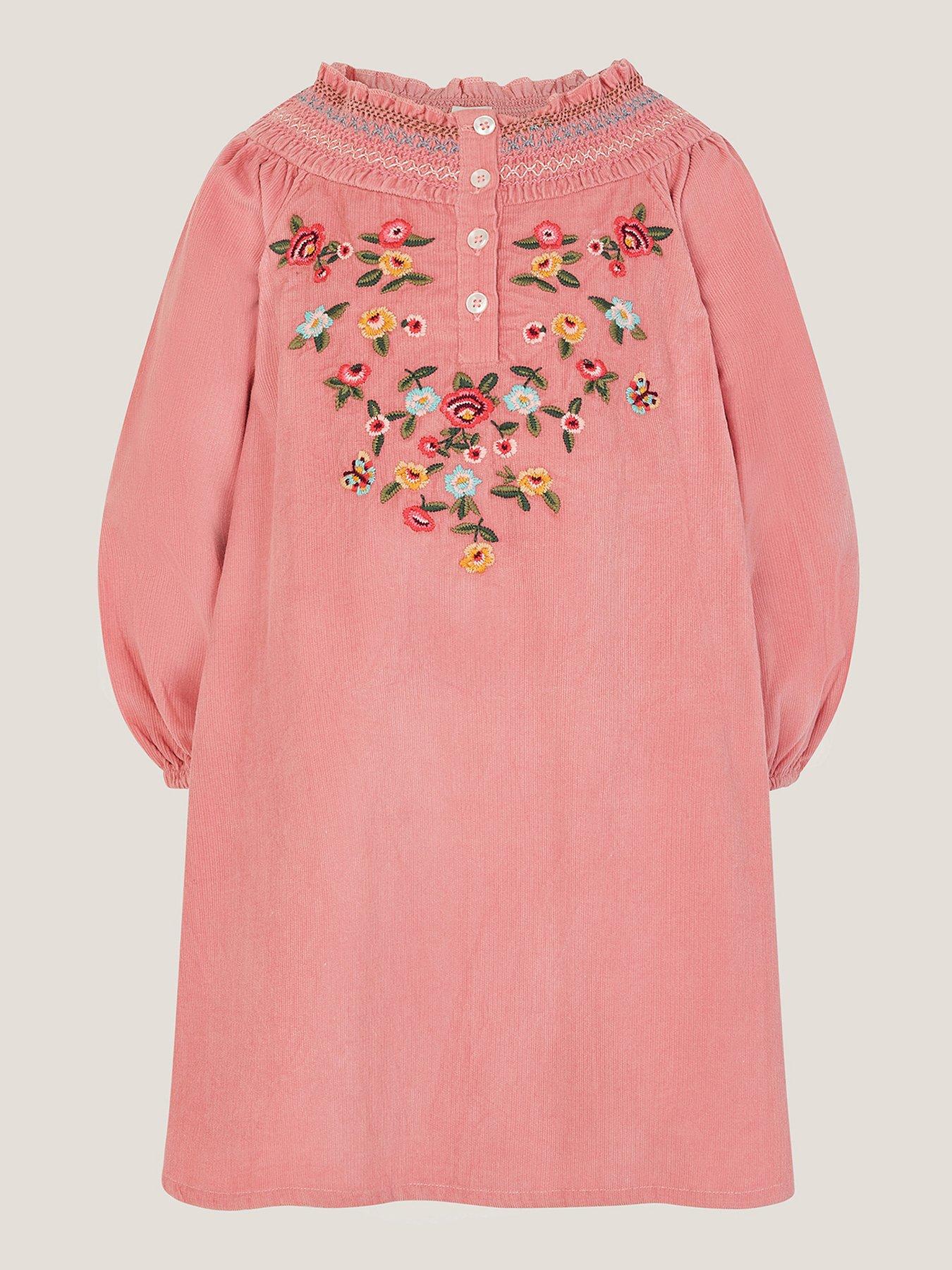 Image 1 of 3 of Monsoon Girls Smocked Embroidered Cord Dress - Pink