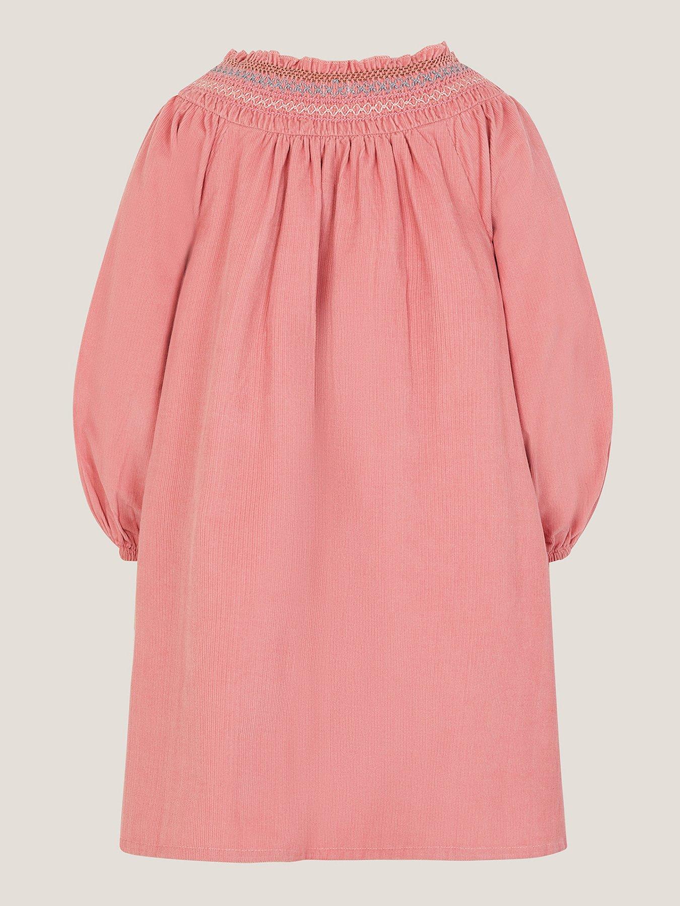 Image 2 of 3 of Monsoon Girls Smocked Embroidered Cord Dress - Pink