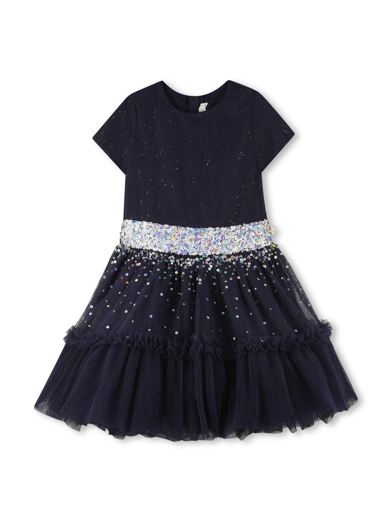 Image 3 of 5 of Billieblush Girls Velvet Sequin Mesh Dress - Navy