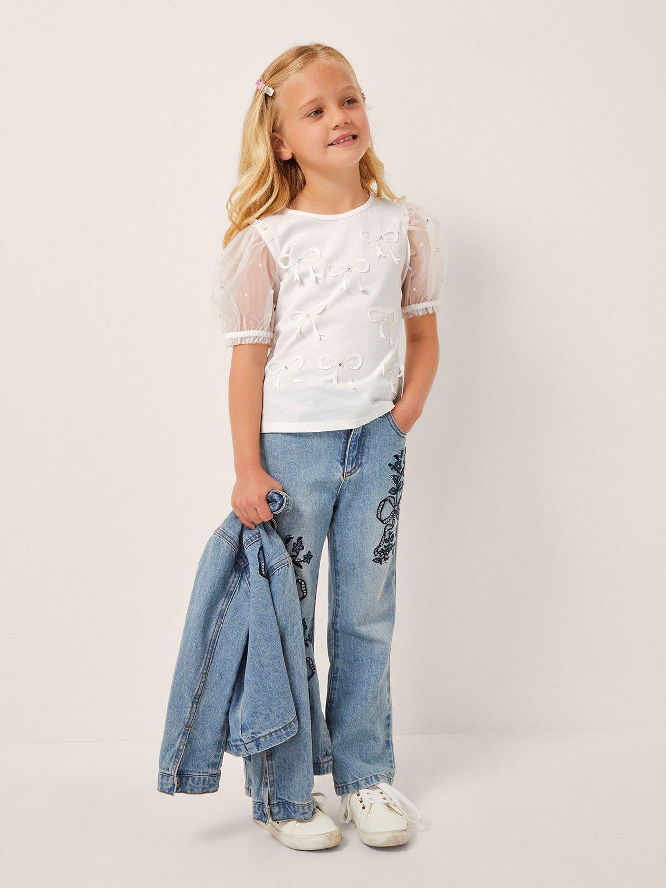 undefined Girls Bow All Over Embroidered T-shirt - Light Cream