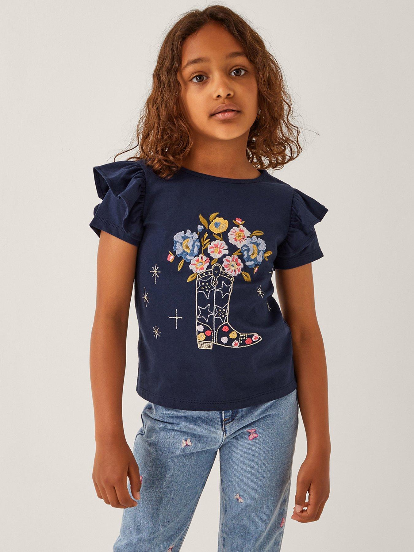 Image 1 of 4 of Monsoon Girls Cowboy Boot Floral T-shirt - Navy