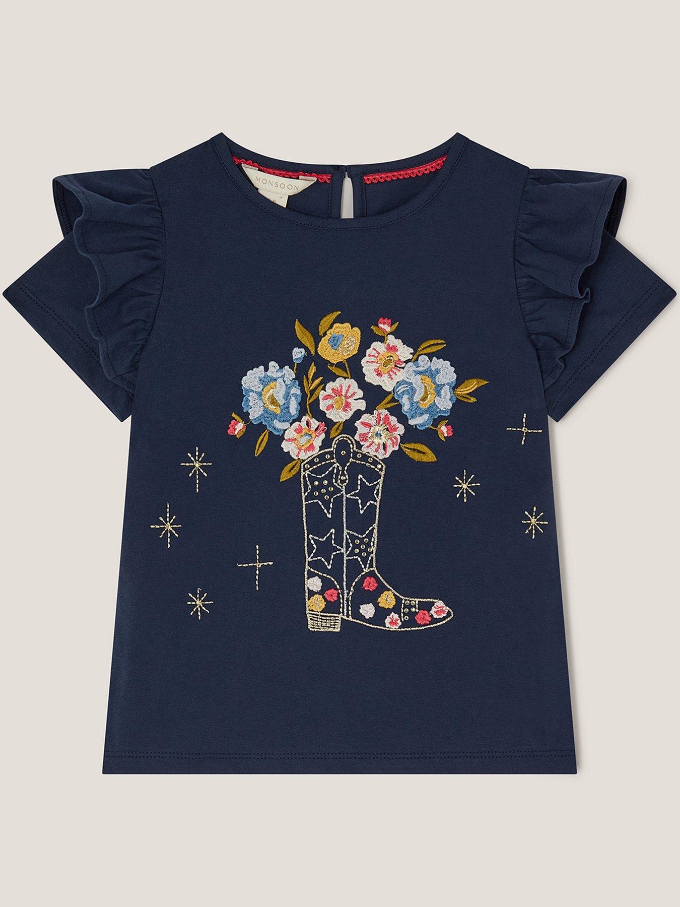Image 3 of 4 of Monsoon Girls Cowboy Boot Floral T-shirt - Navy
